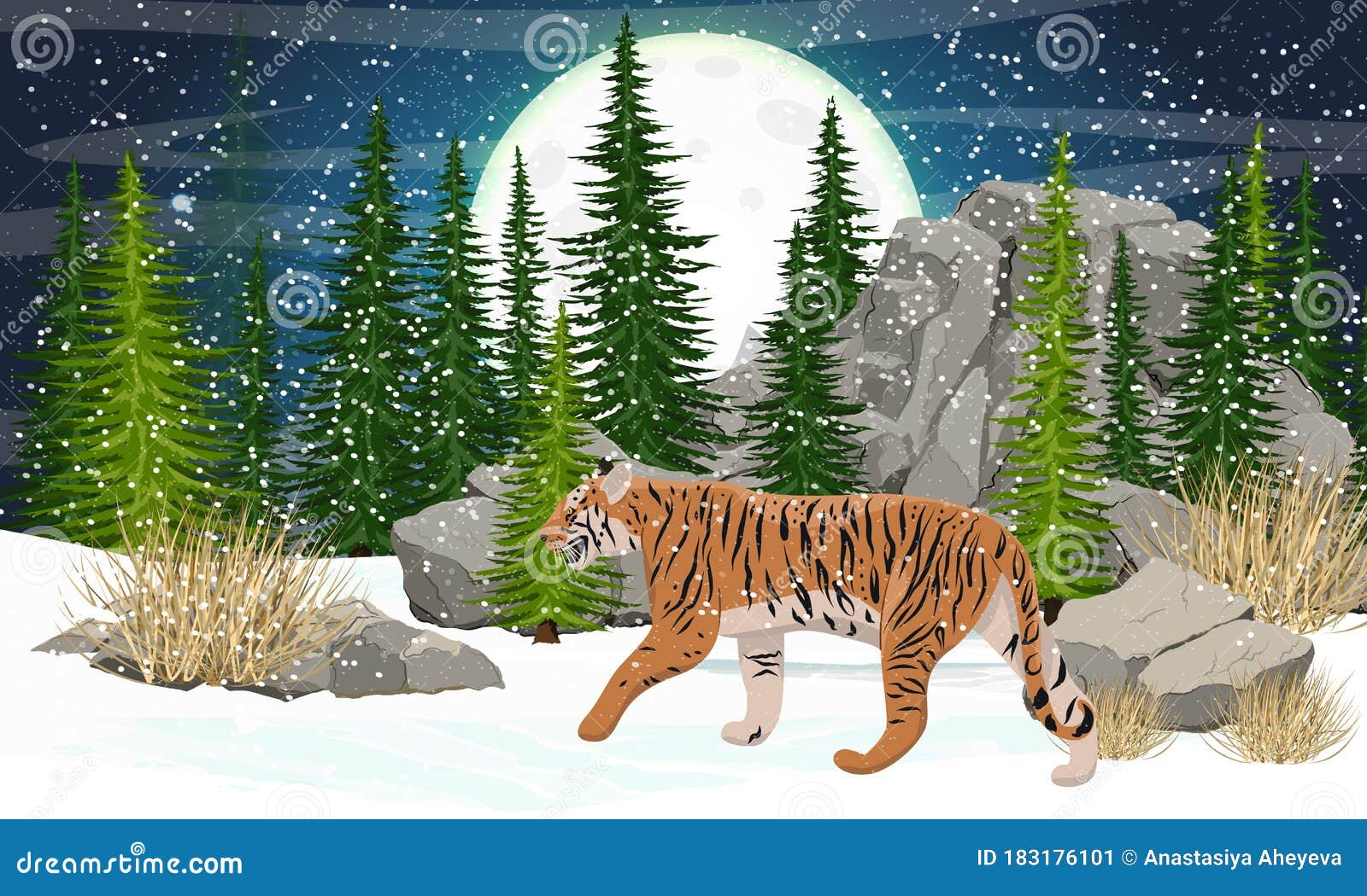 a large, realistic tiger walks along a snowy plain. tall conifers and stones, starry sky with a big moon