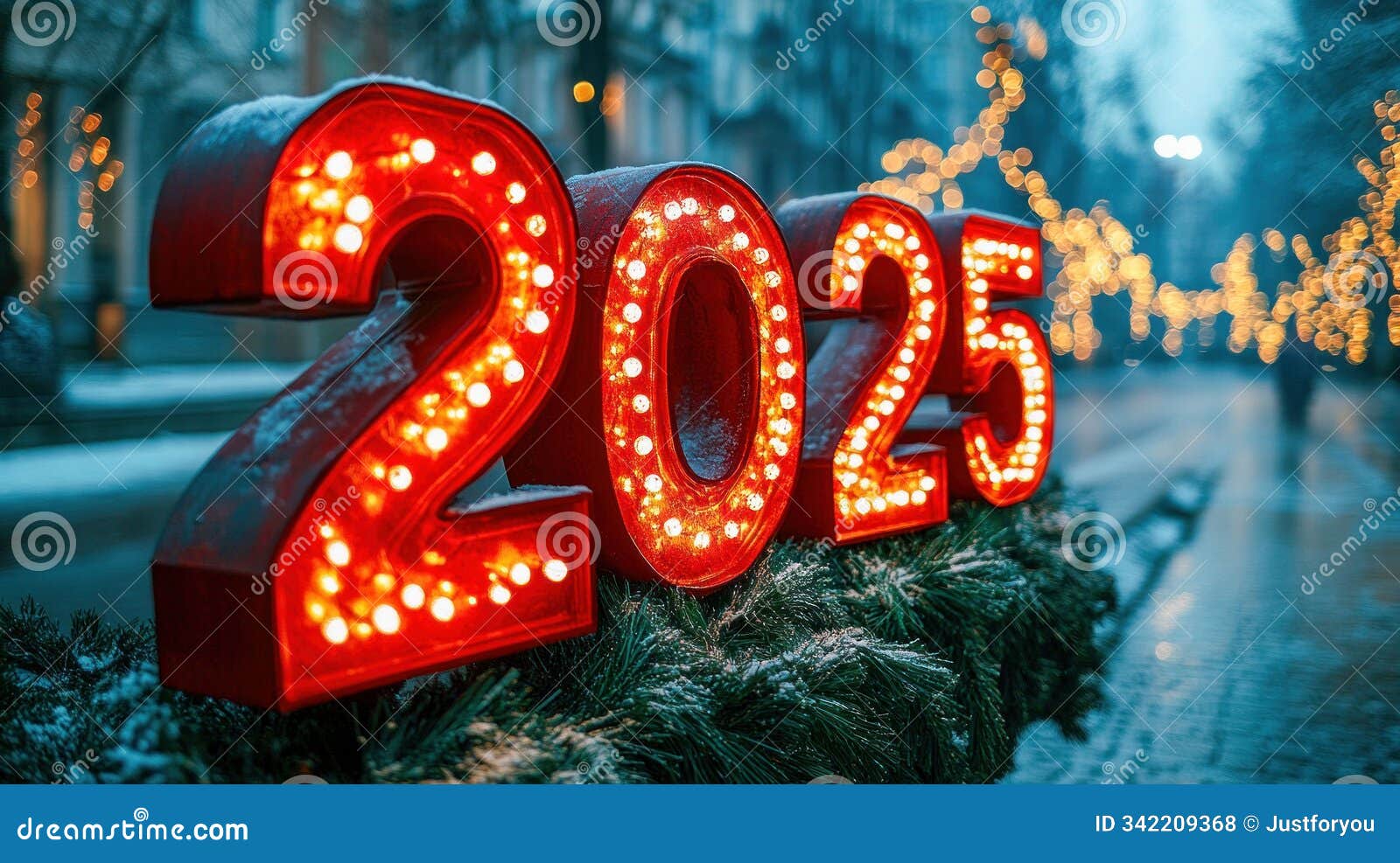 large red-lit sign displaying 2025 on new year eve