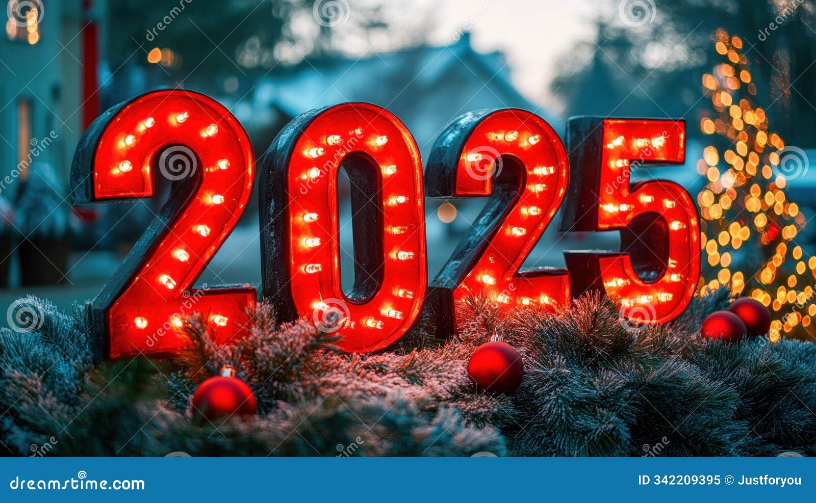 large red-lit sign displaying 2025 on new year eve