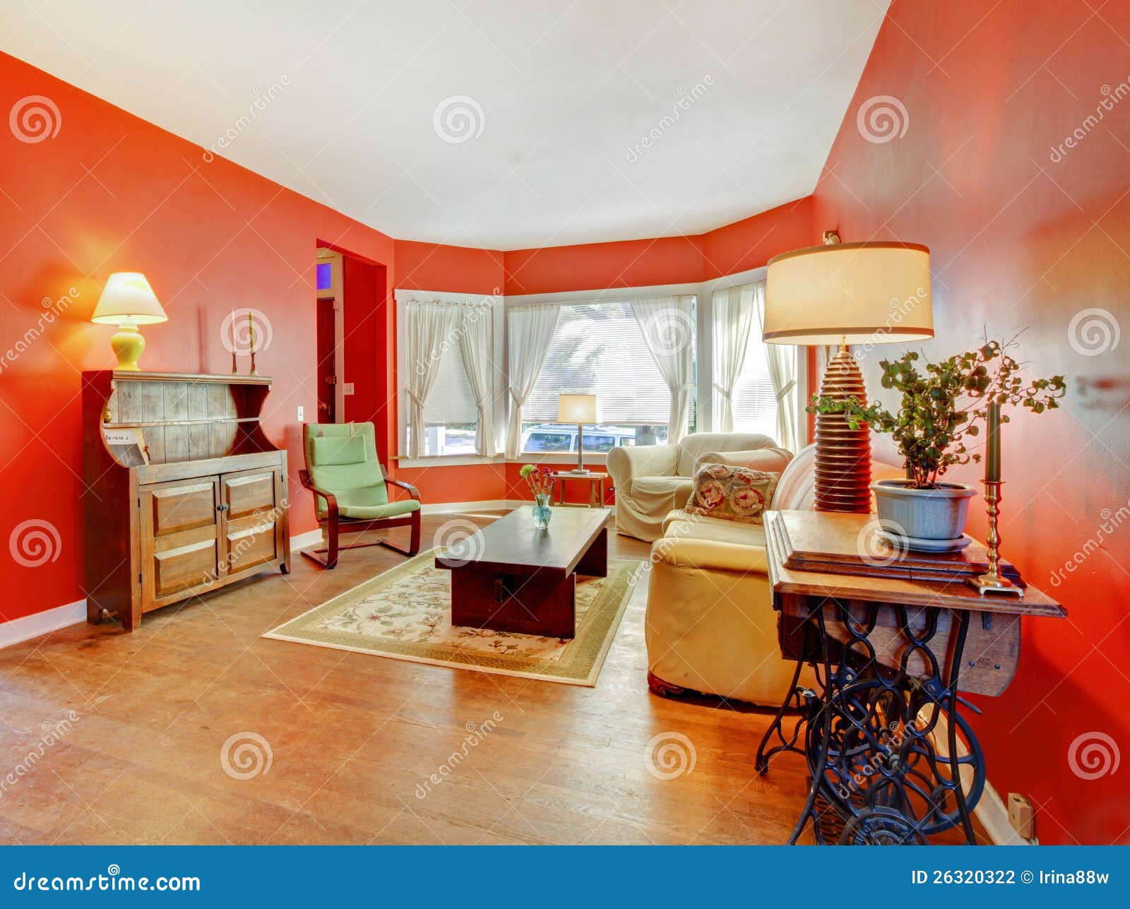 Large Red Living Room with Hardwood Stock Photo Image of decor