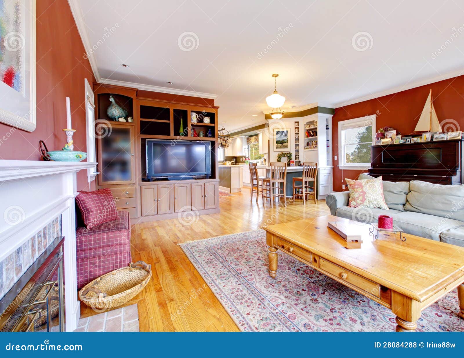 Large Red Living Room, TV and Fireplace. Stock Photo Image of