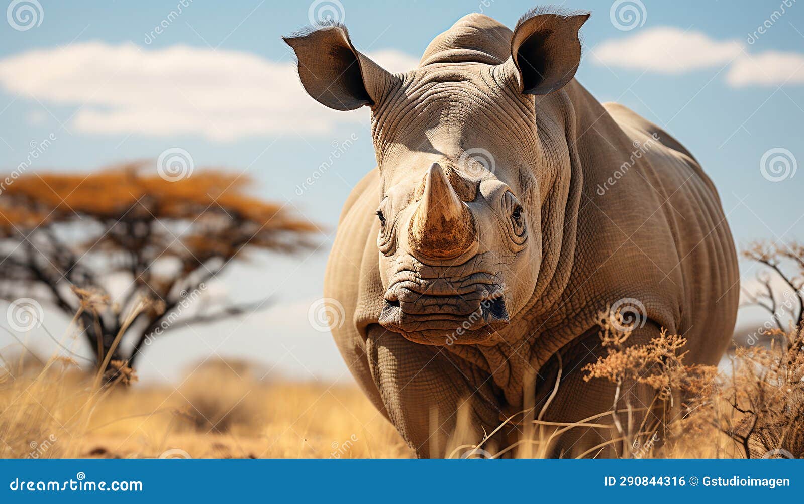 Large Rhinoceros Grazing on the Savannah, Looking at Camera Generated