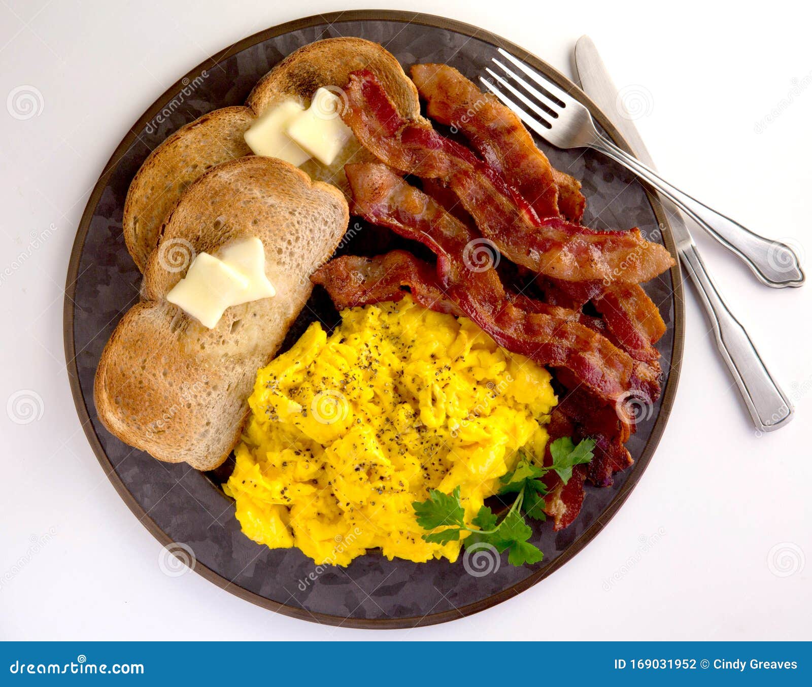 Bacon Scrambled Eggs And Toast On Tin Plate Stock Photo Image Of Meat Slices