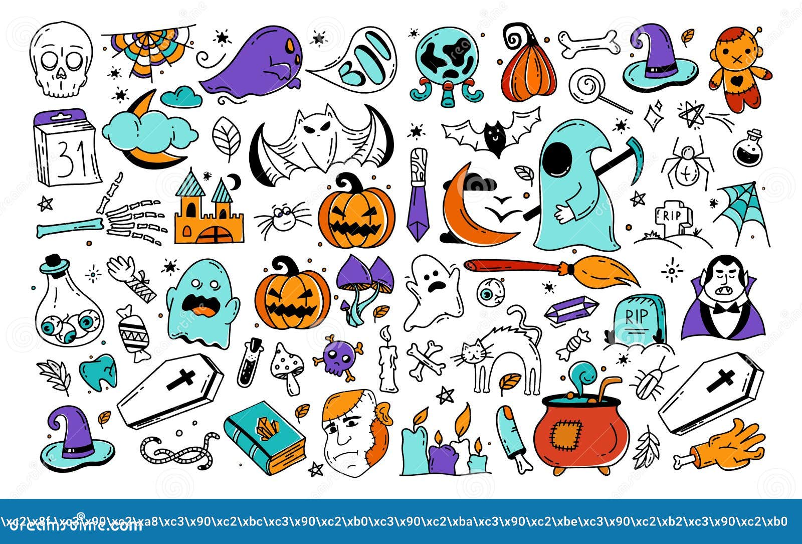 Large Set of Halloween Elements Doodle Style Vector Design Illustration ...