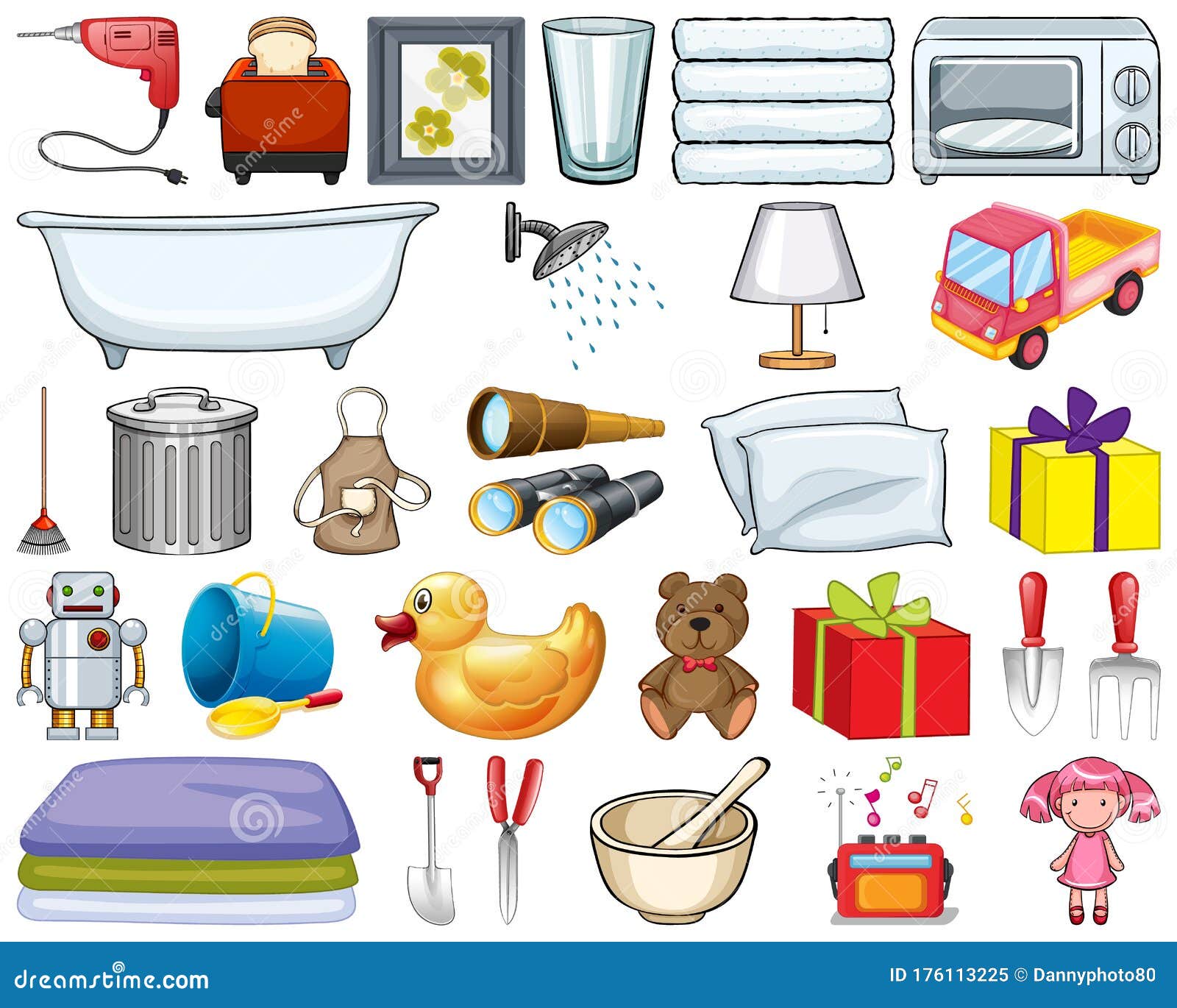 Large Set of Household Items and Many Toys on White Background