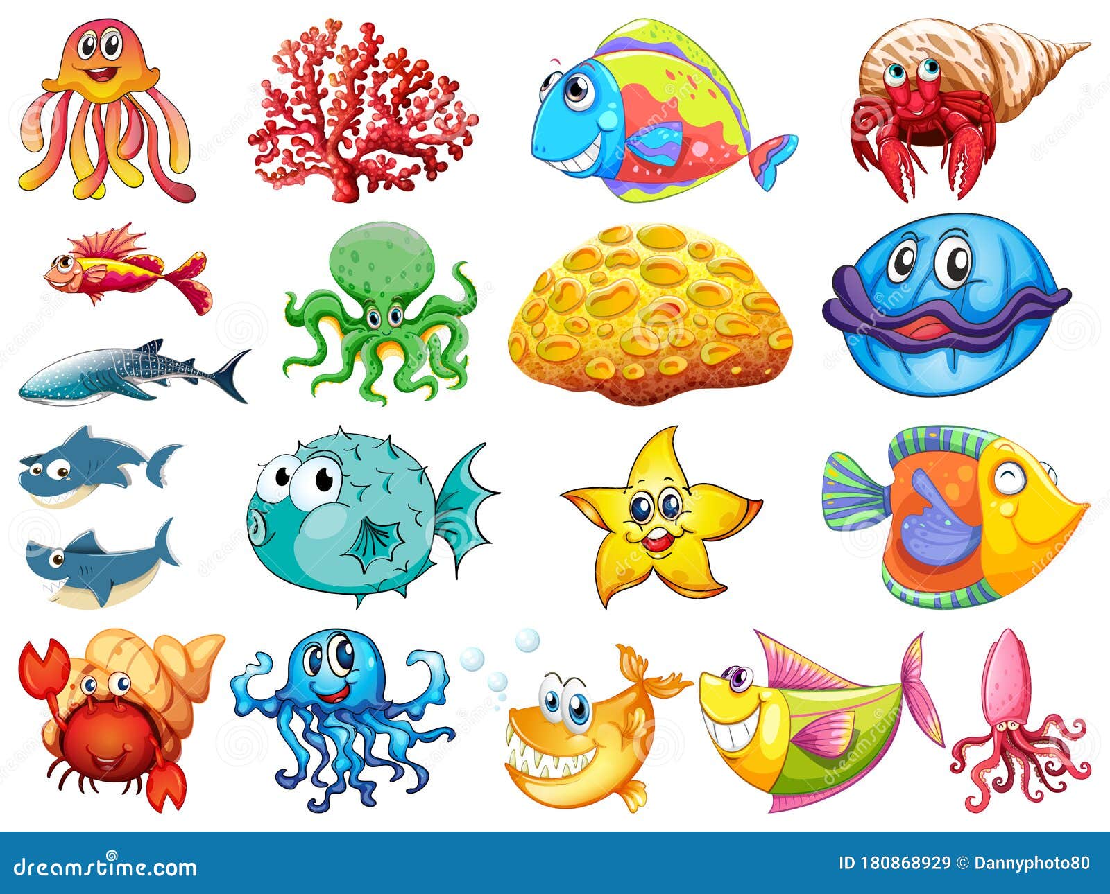 Large Set of Many Sea Creatures on White Background Stock Vector ...