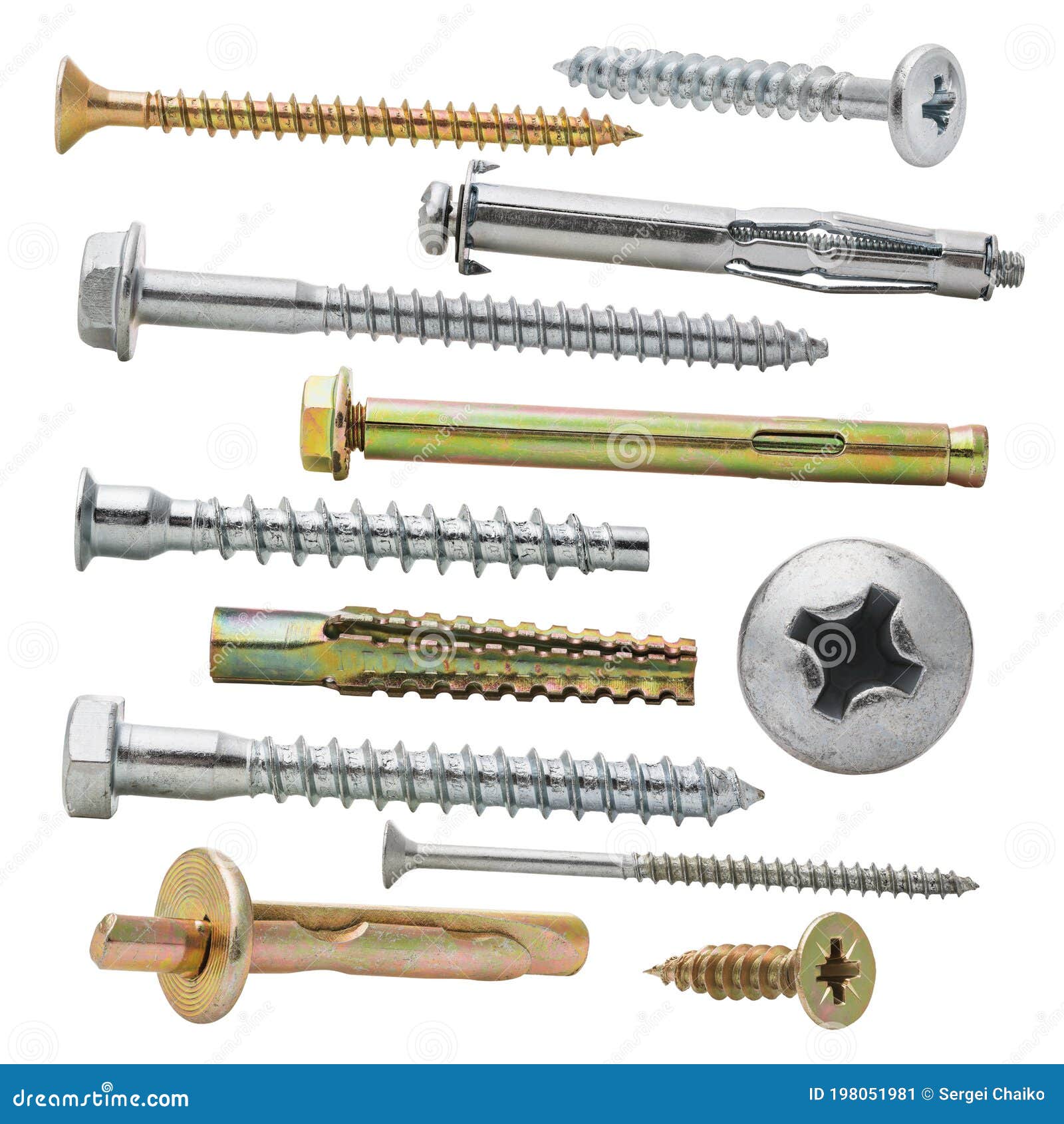Large Set of Various Screws, Bolts and Dowels Isolated on a White