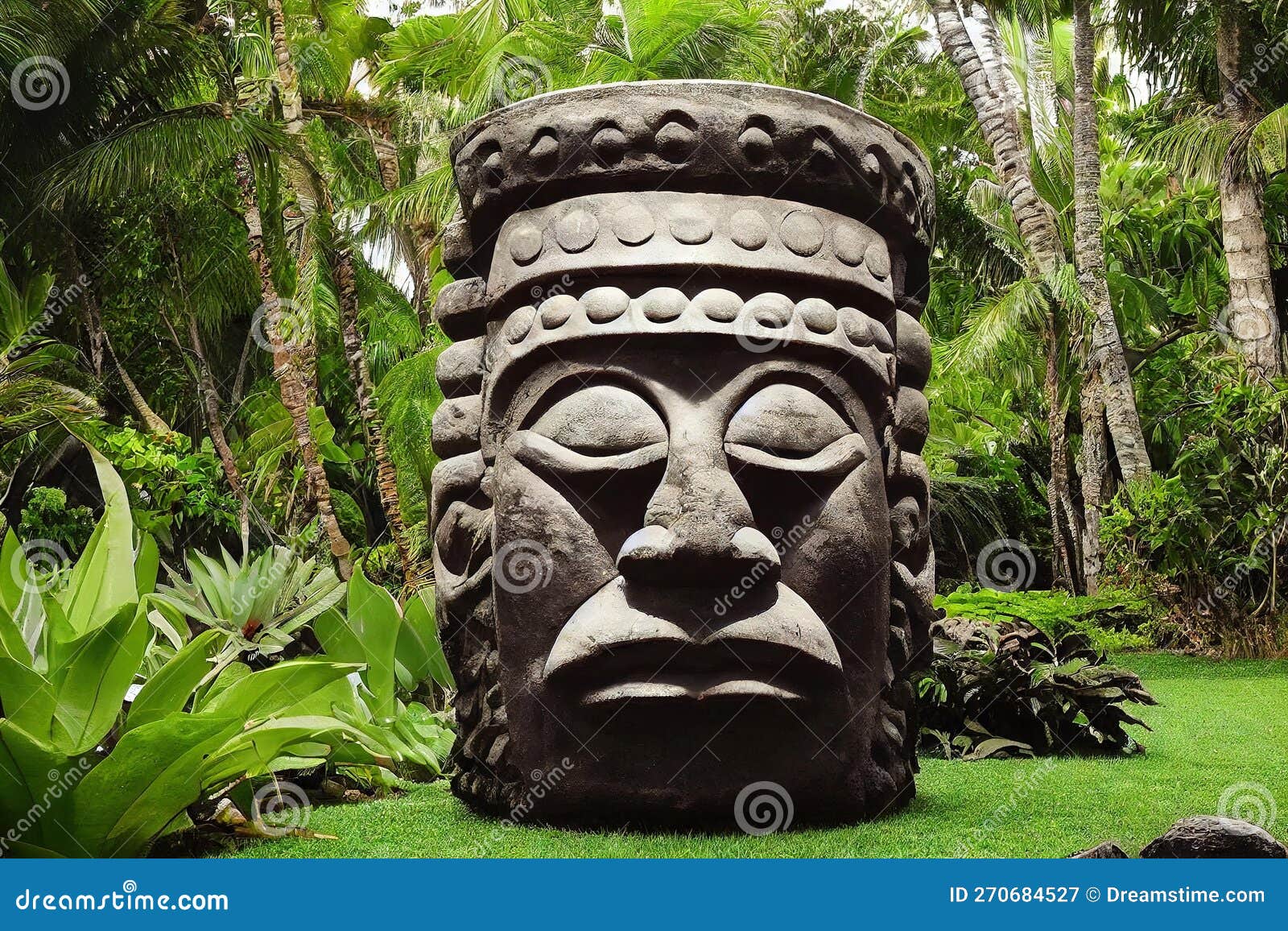 Large Sleeping Idol Head Tiki Mask Made Of Stone In Tropical Jungle 