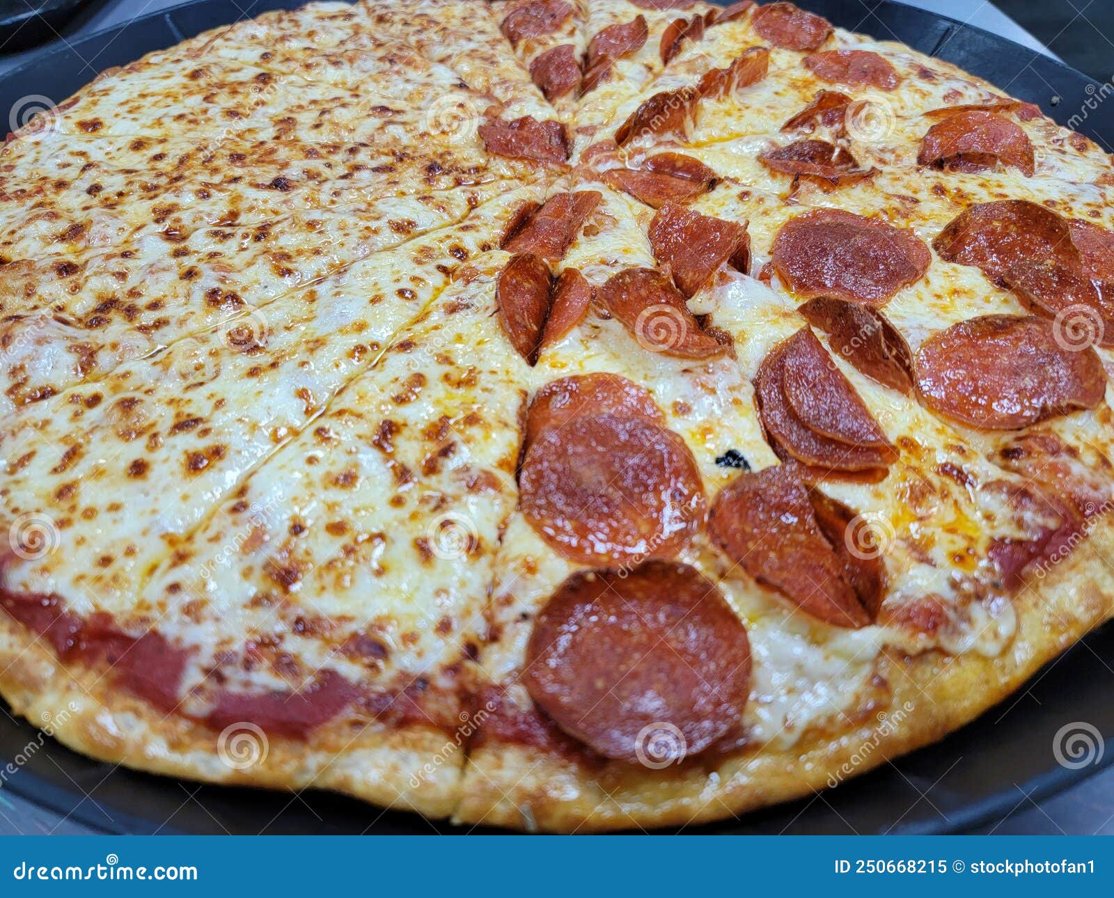 Large Sliced Pepperoni Pizza with Cheese on Tray Stock Image Image of