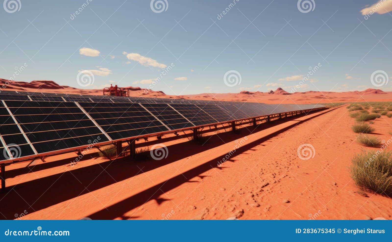 A Large Solar Array in the Desert. Generative AI Image. Stock