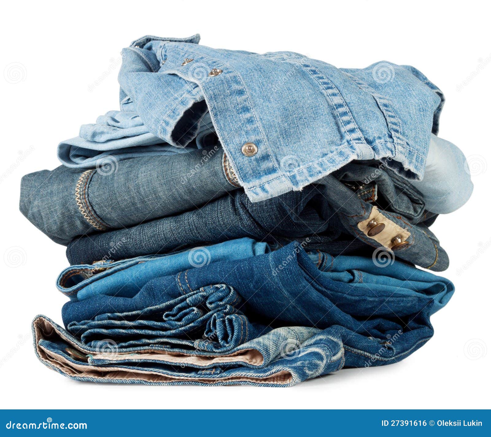 A Large Stack of Colored Denim Products Stock Photo - Image of casual ...