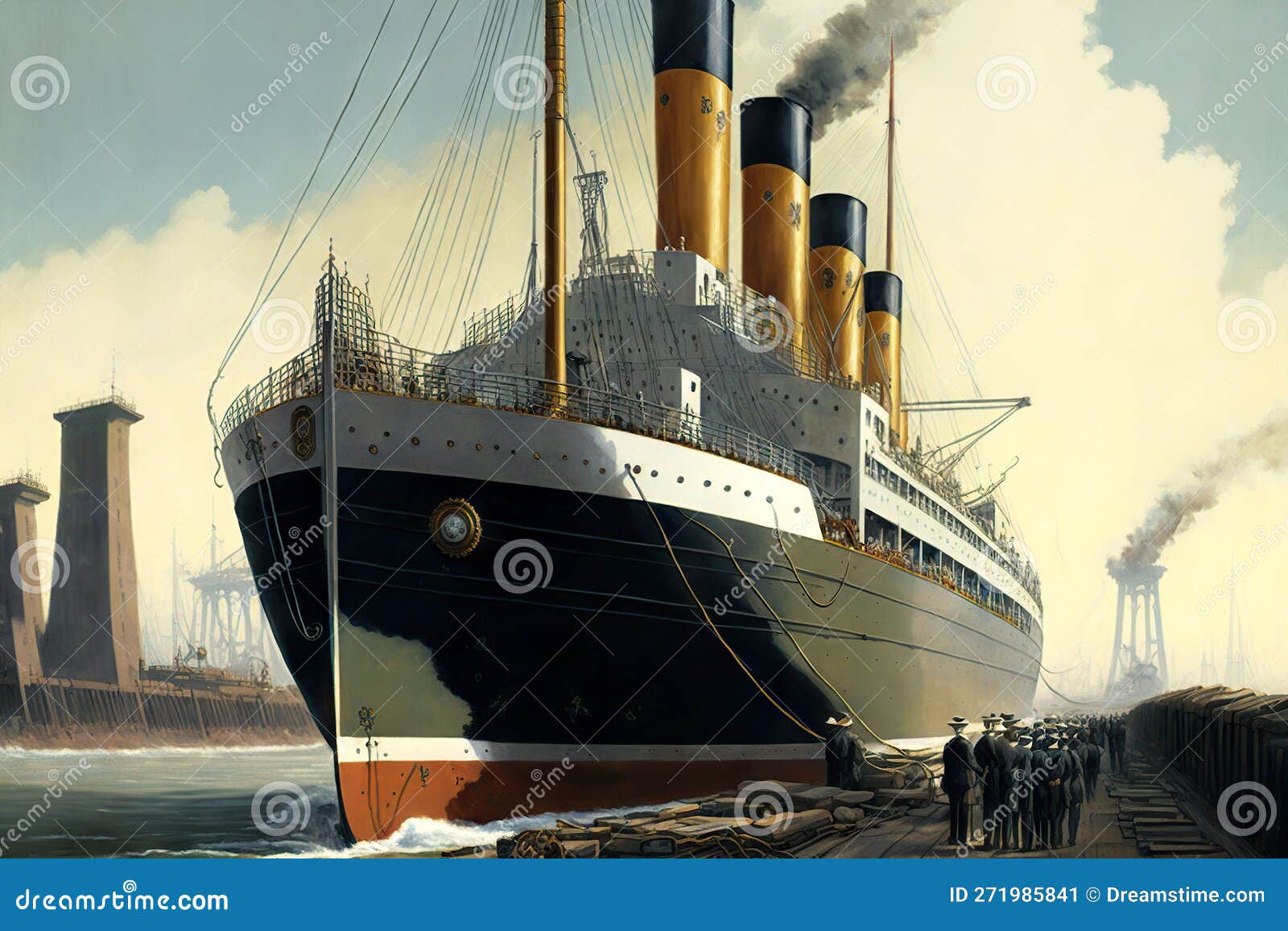 Large Steamer Standing in Harbor at Berth Under Loading in Cargo Port