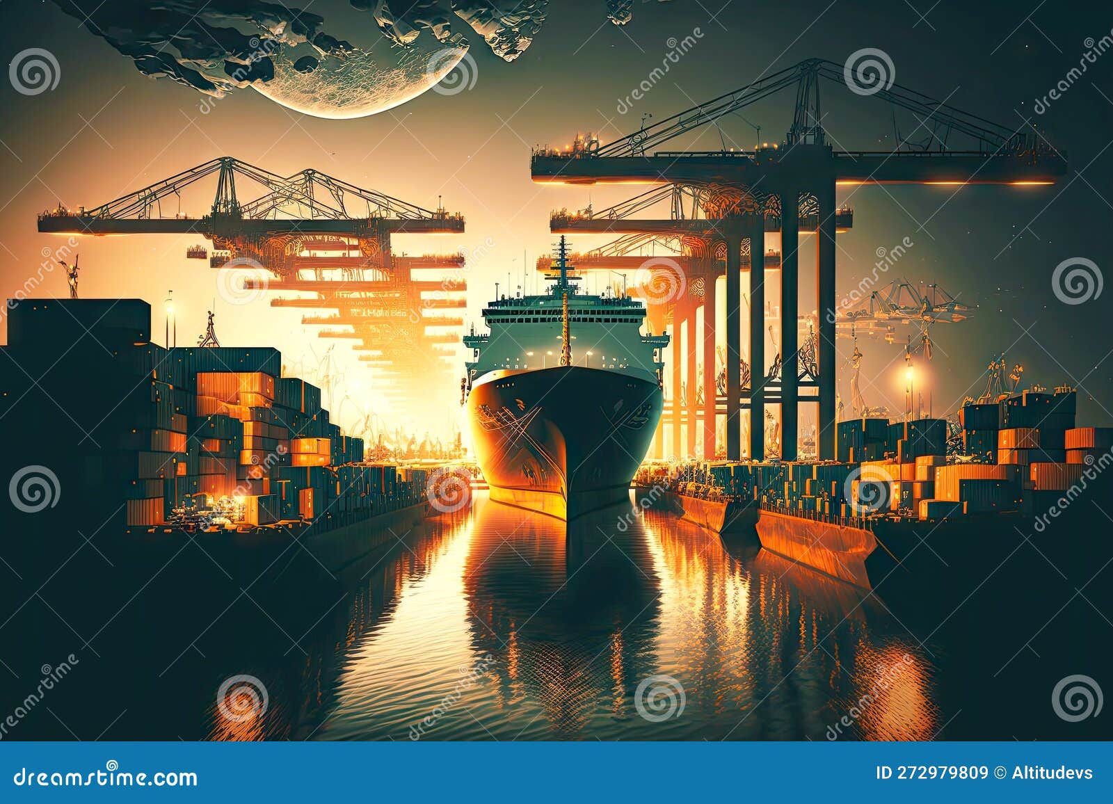 Large Steamer Standing in Harbor at Berth Under Loading in Cargo Port