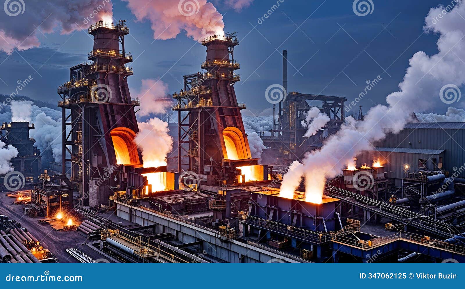 industrial steel production complex at dusk with glowing furnaces and billowing smoke