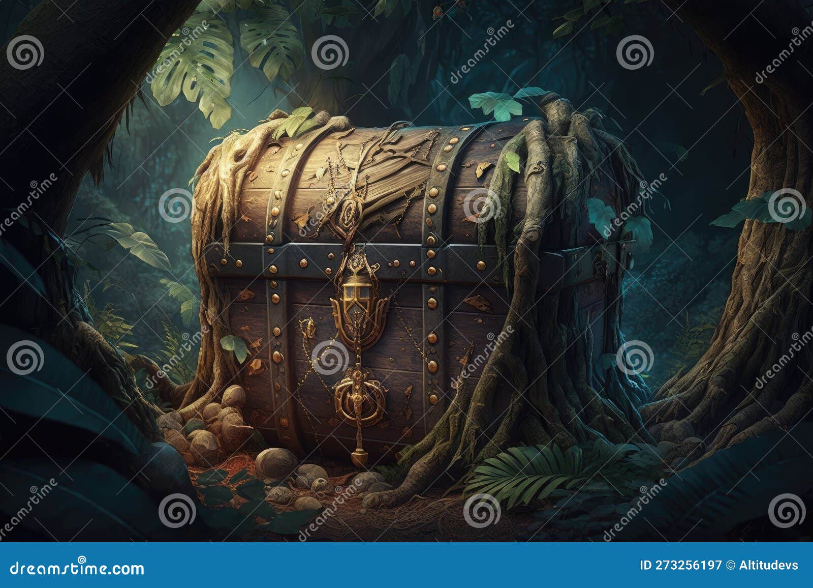 Large Tree Trunk with Treasure Chest in the Jungle Stock Illustration