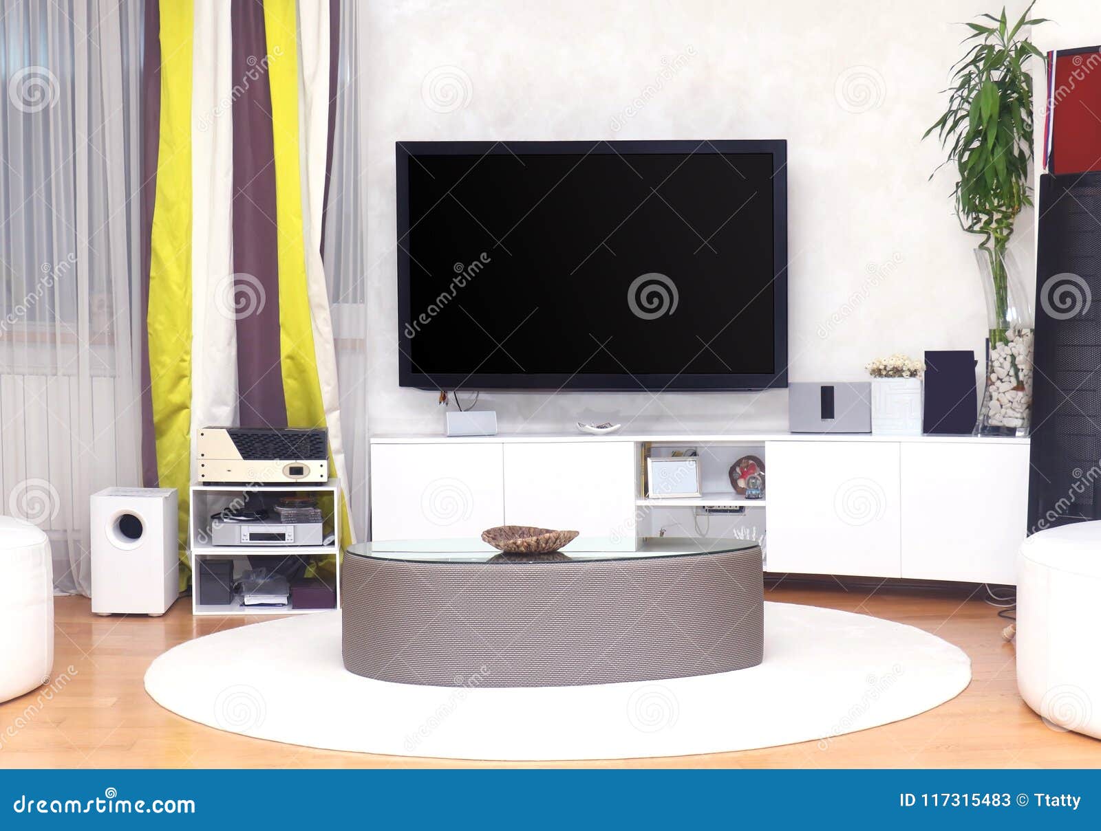 Large TV living room stock image. Image of home, drapes 117315483