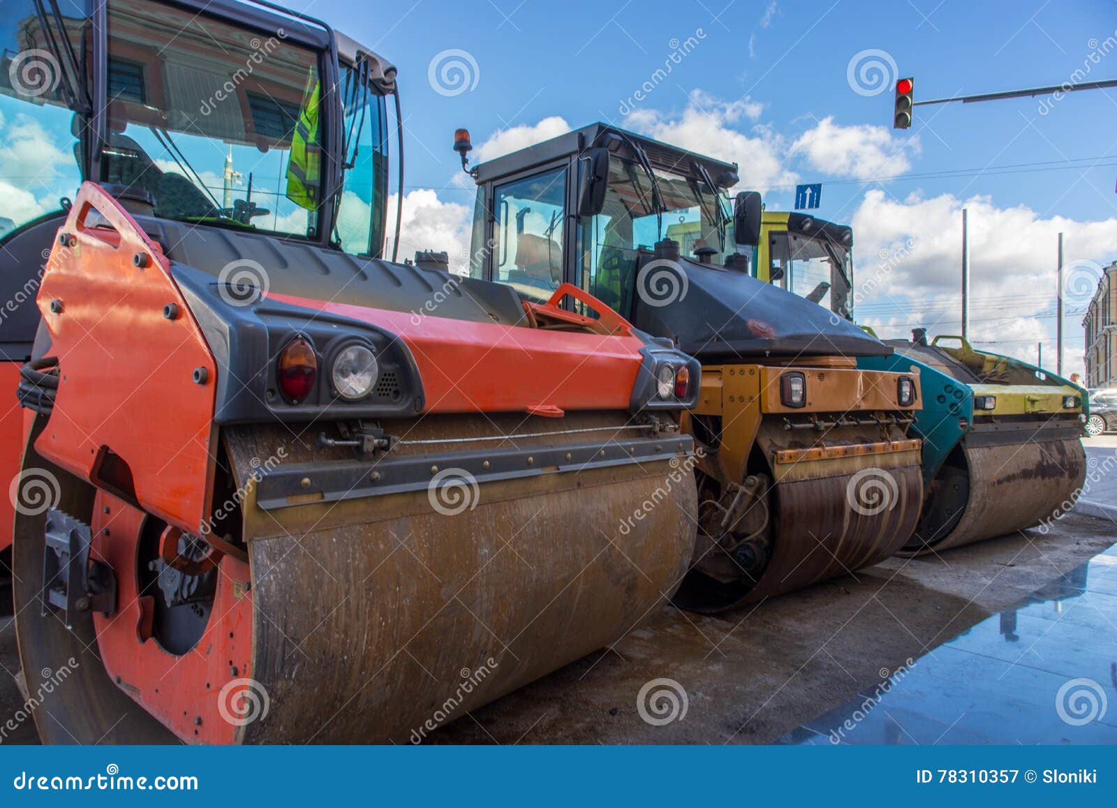 Large View on the Road Rollers on the Road Construction Stock Image
