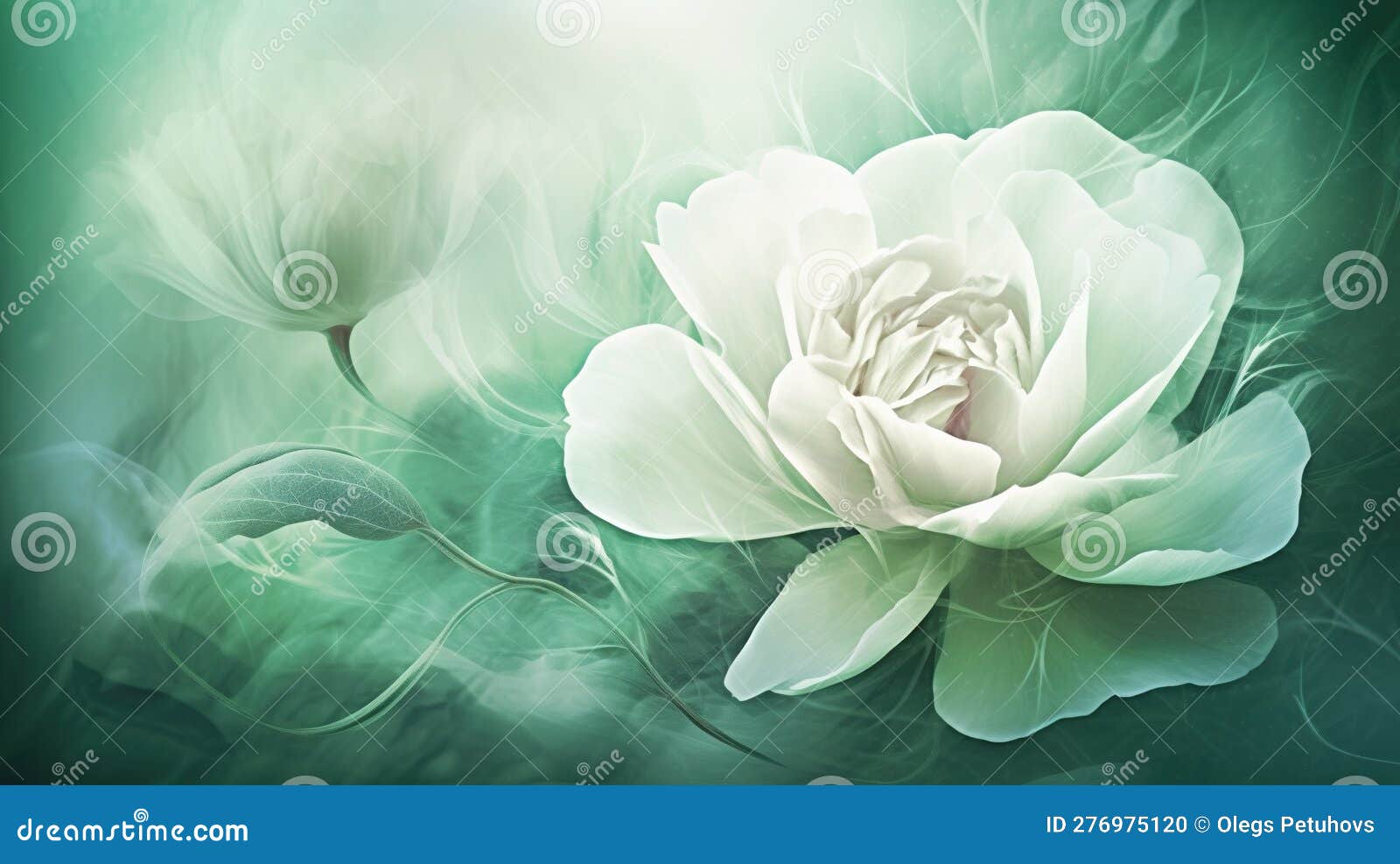 A Large White Flower with Green Leaves on a Green Background Stock