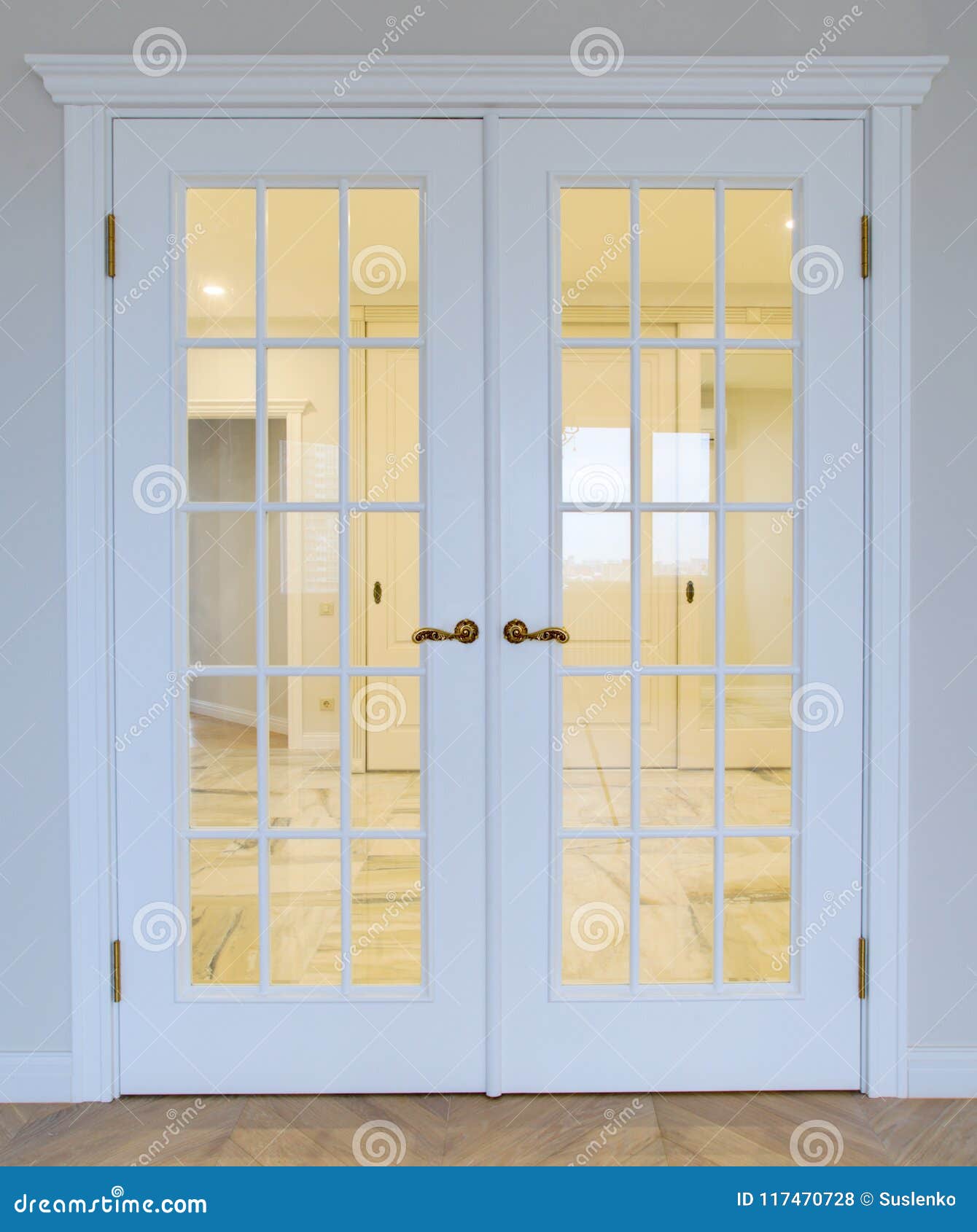 Large White Glazed Interior Doors With Classic Brass Handles