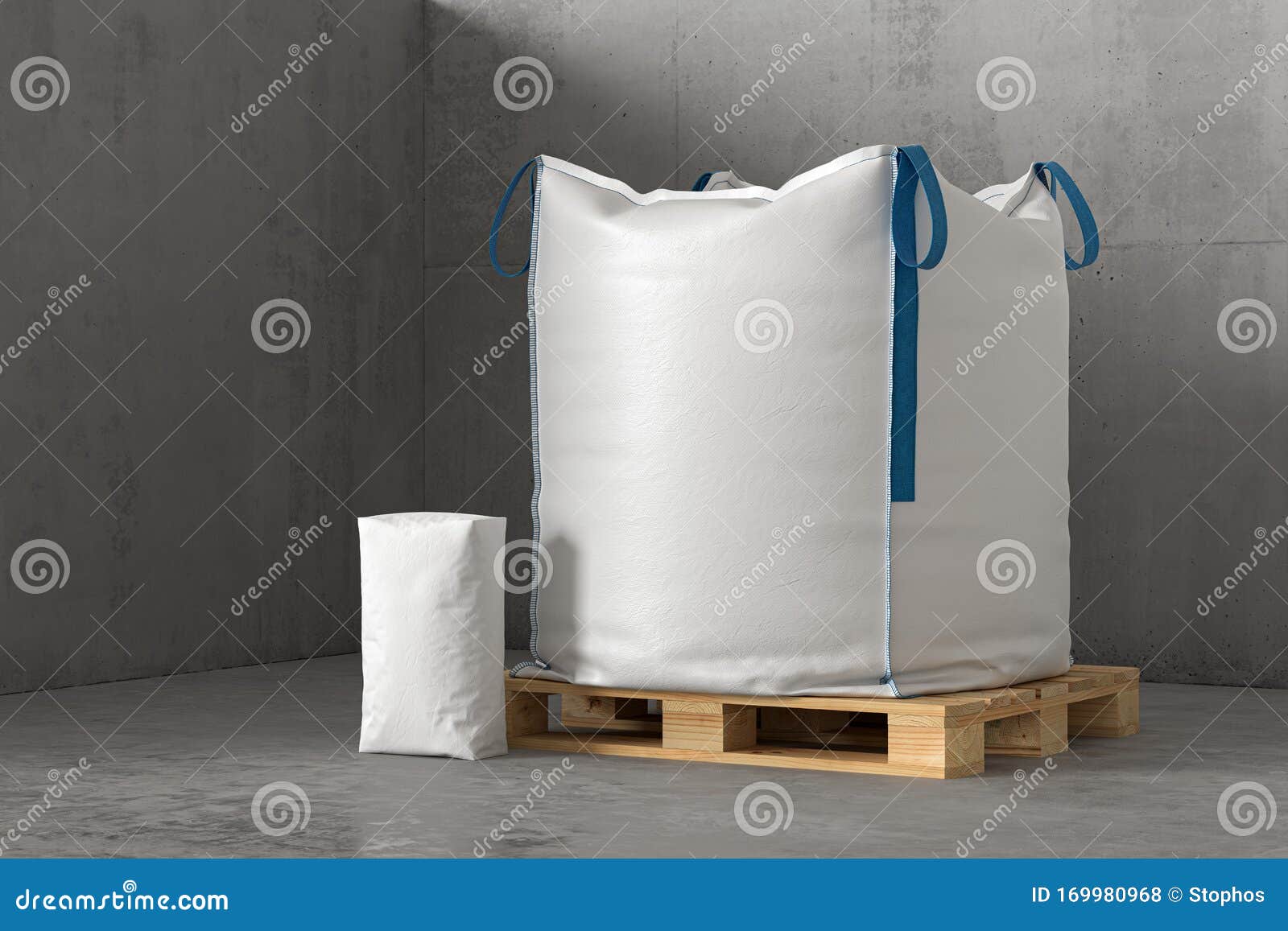 Two White Sacks on the Concrete Floor. 3d Render Stock Illustration