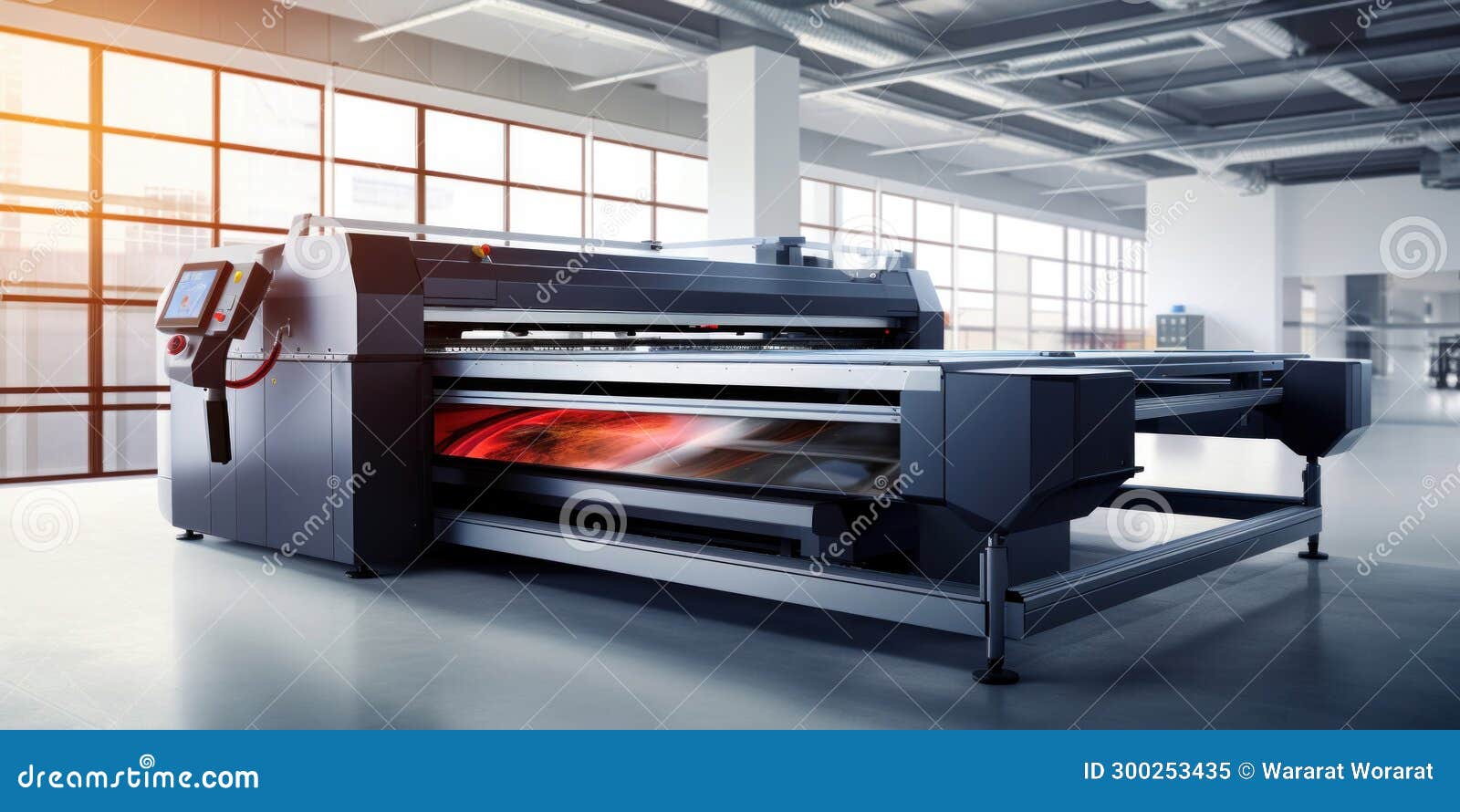 A Large Wide Digital Printer Machine during Production in Background of