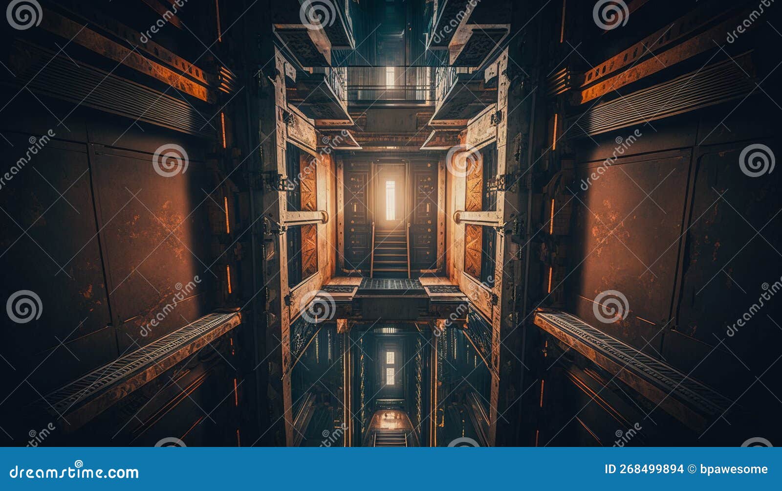 A Large and Wide Elevator Shaft with Rusting Metal, Generative AI Stock