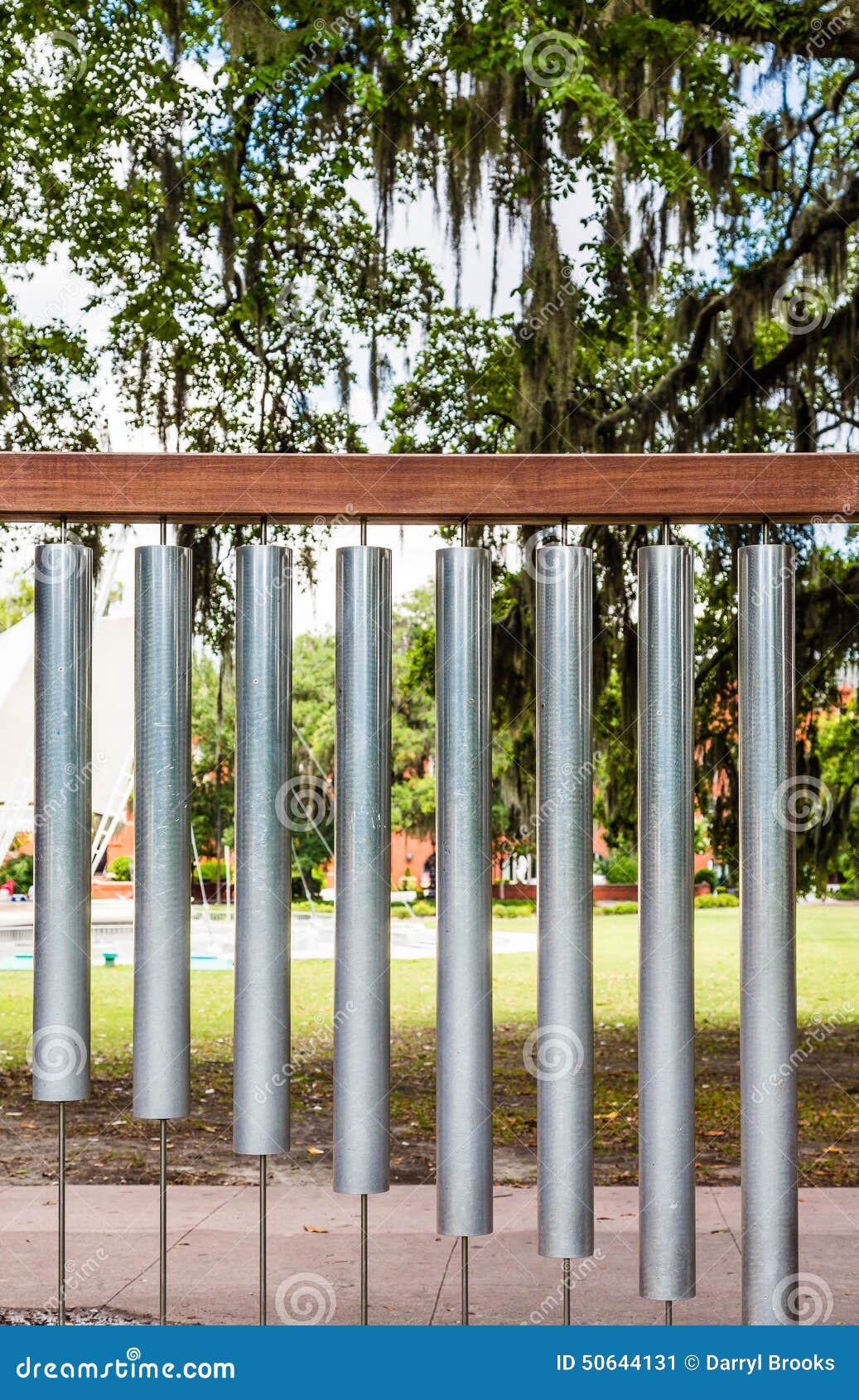 Large Wind Chimes in Park stock image. Image of pipes 50644131