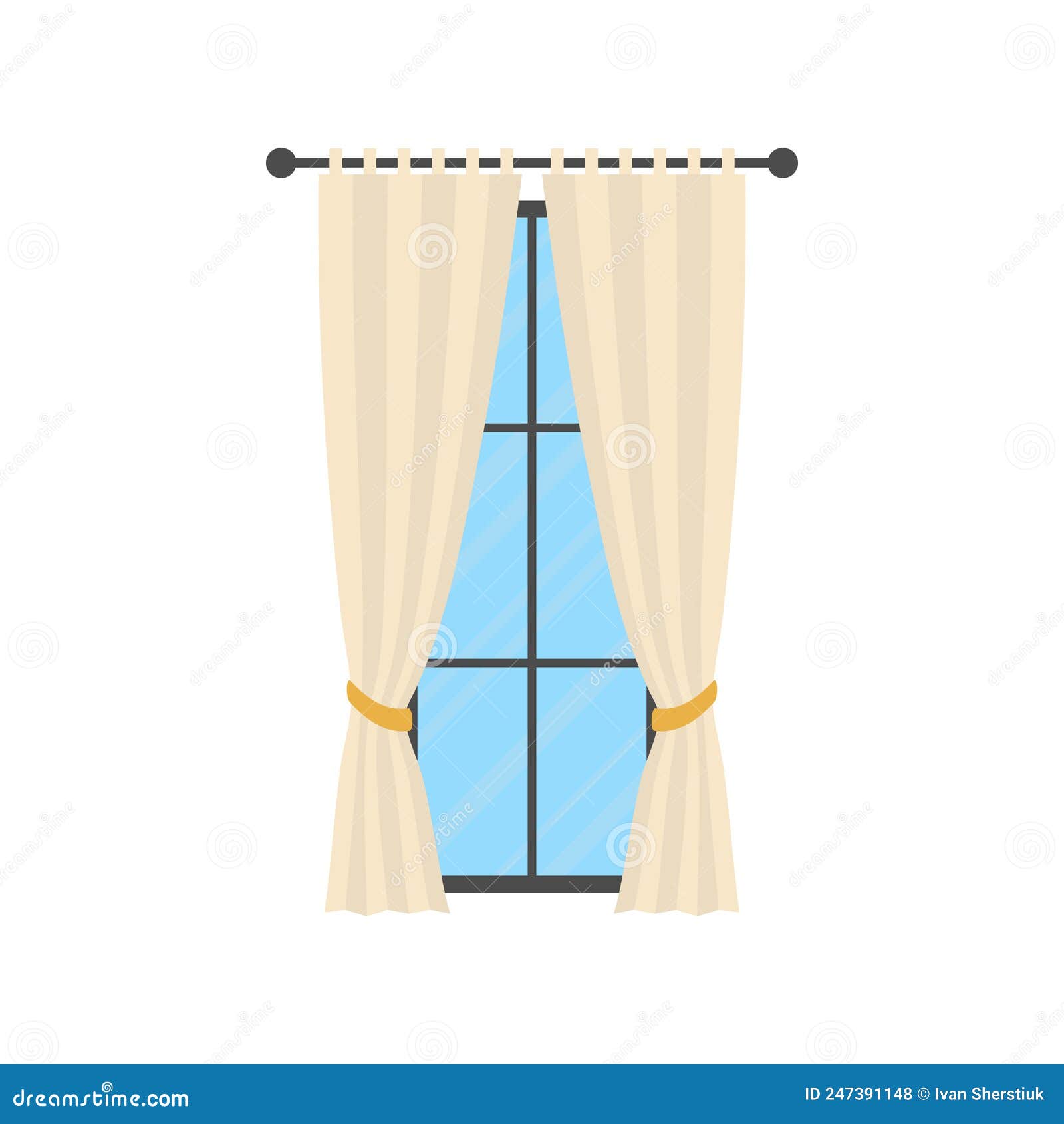 Large Window with White Curtains. Isolated Cartoon Style. Stock Vector