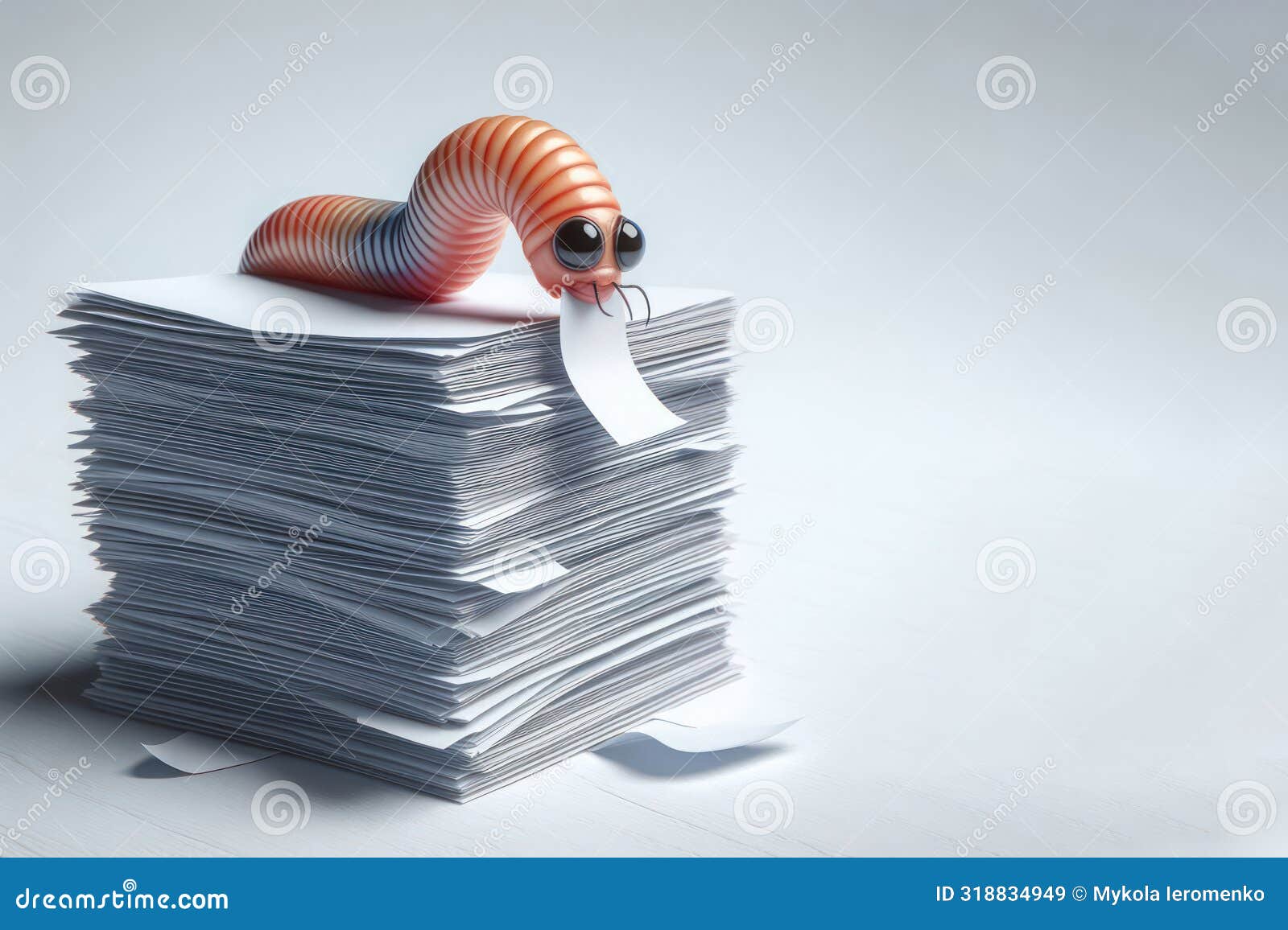 A Large Worm Crawling on a Stack of Papers. Space for Text. Stock Image