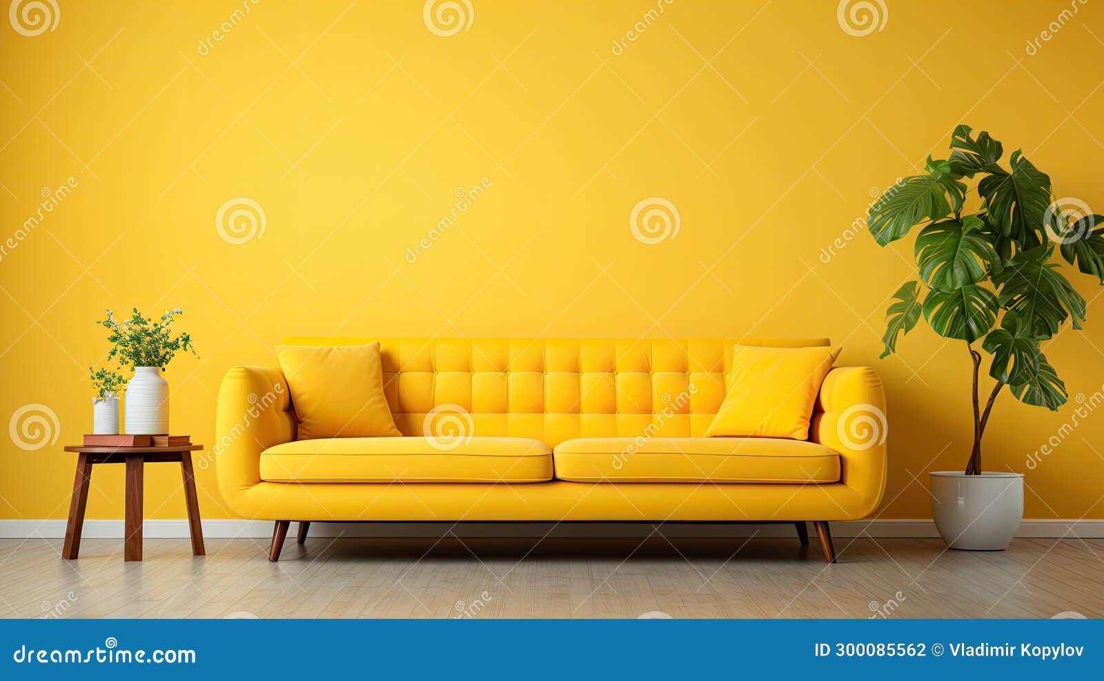 A Large Yellow Sofa and Two Plants in a Yellow Room Stock Illustration