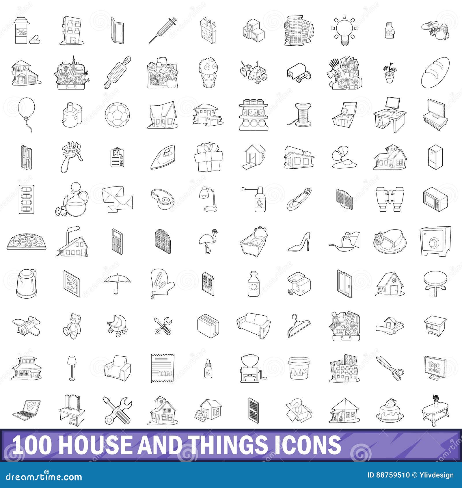 100 cosas de la casa, conjunto de iconos de estilo de dibujos