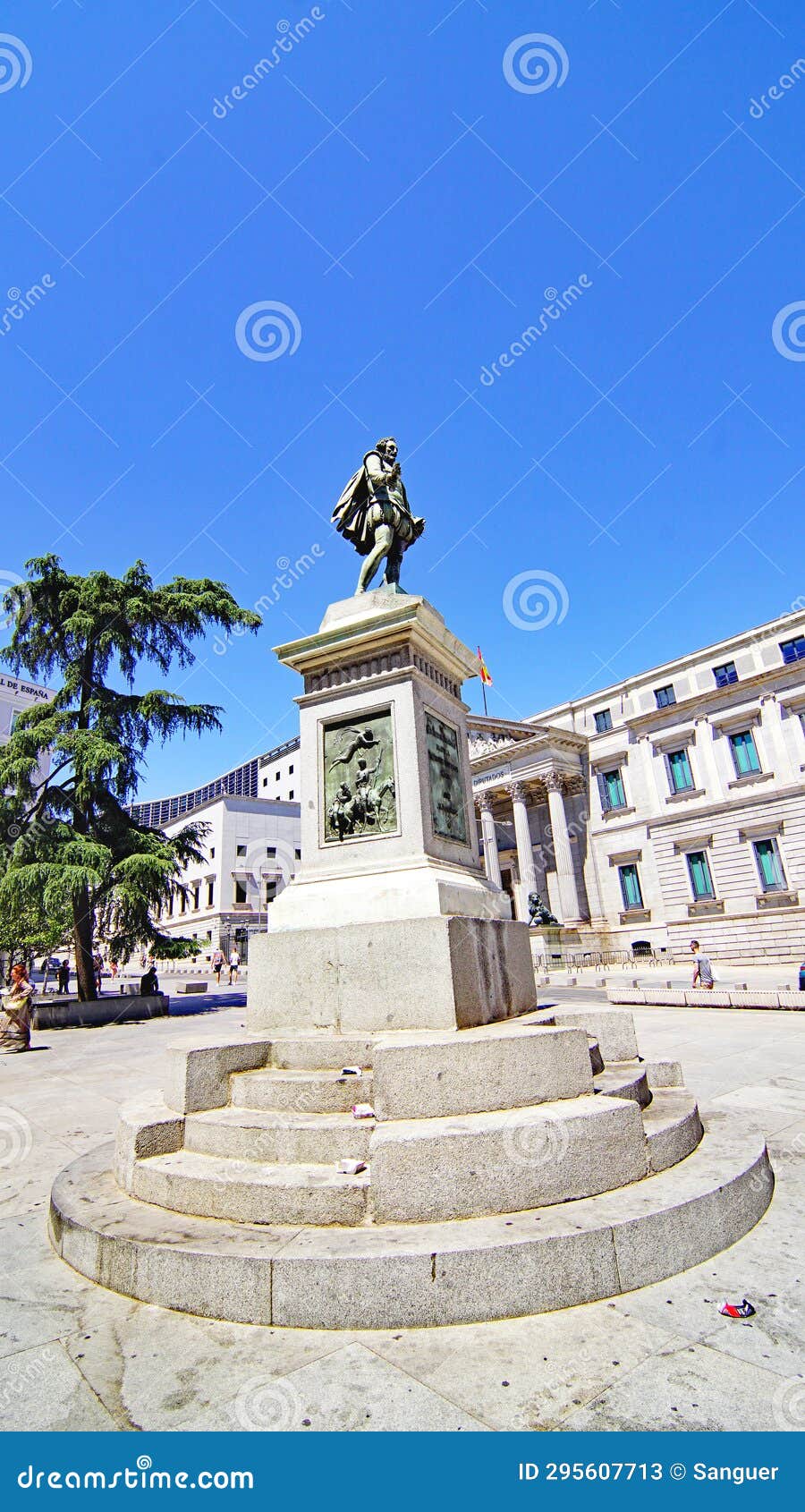 las cortes square with sculpture of miguel de cervantes in madrid