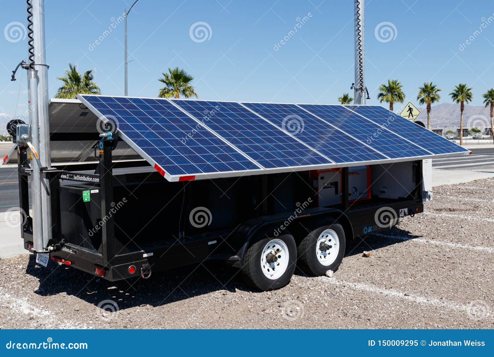 DC Solar Mobile Photovoltaic Solar Panels On Trailer. Each Unit Is Equipped With A Backup