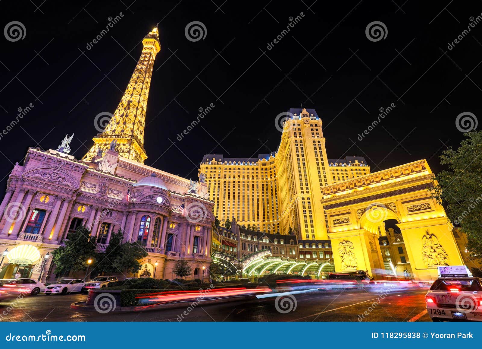 View of Paris Las Vegas and Bellagio Hotel & Casino at night Stock