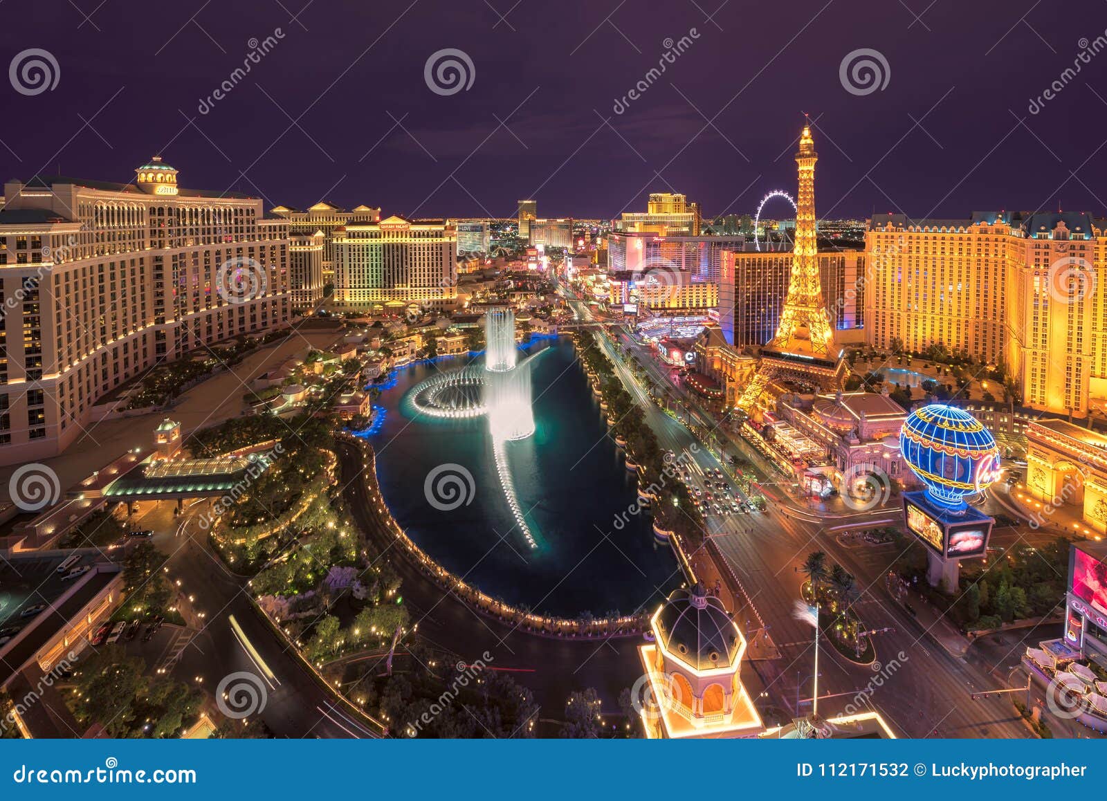 Aerial view of Las Vegas Strip at night. Las Vegas Strip skyline at night on July 25, 2017 in Las Vegas, Nevada. The Strip is home to the largest hotels and casinos in the world.