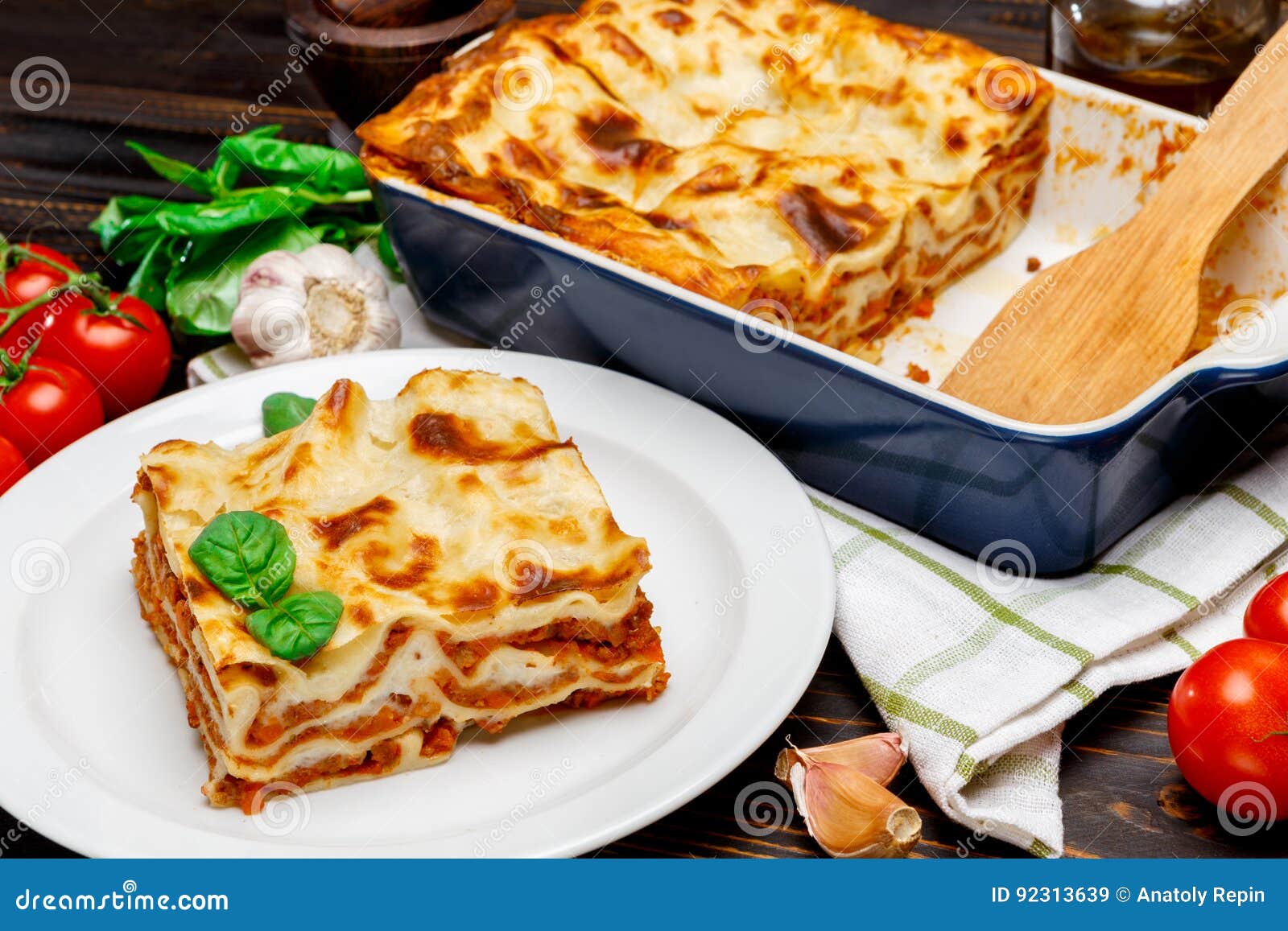 Lasagna in baking dish stock image. Image of homemade 92313639