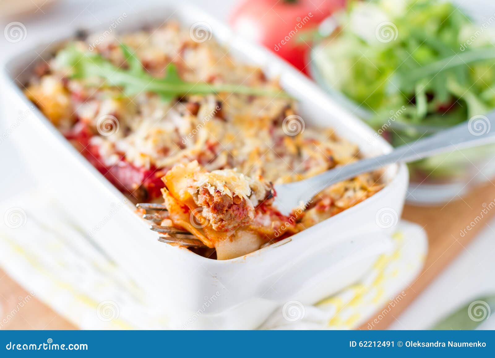 Lasagna Served in White Bowl with Salad Stock Image Image of plate