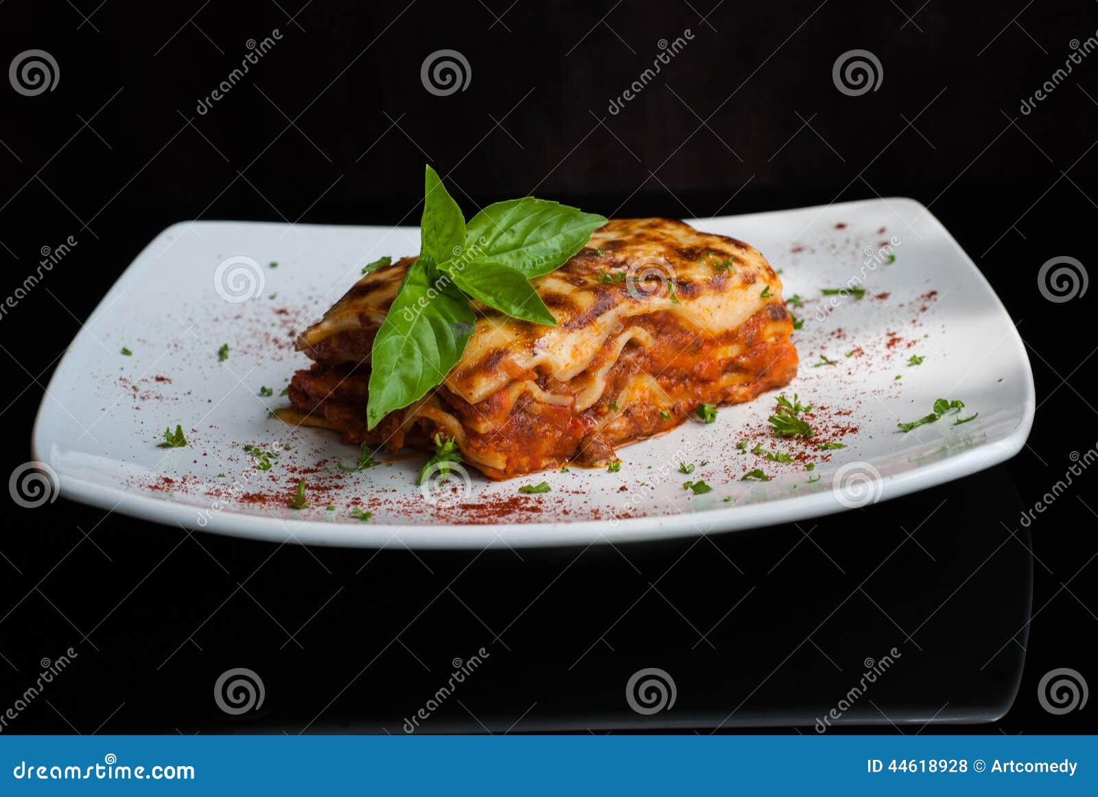 Lasagna on a Square White Plate Stock Photo Image of dinner, detail