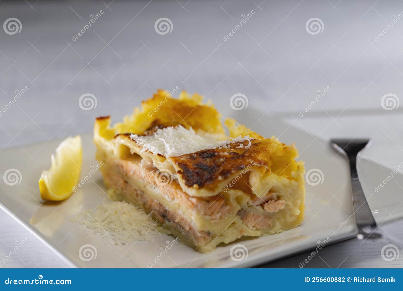 Lasagne with Salmon, Bechamel and Parmesan Cheese Stock Photo Image of bechamel, cheese 256600882