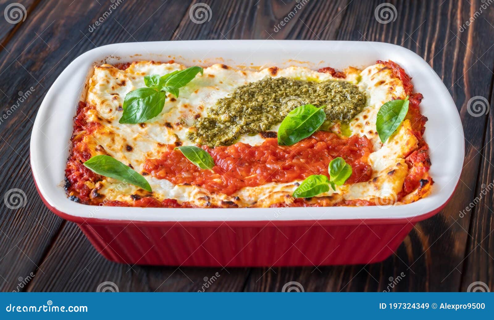 Lasagne Topped with Tomato Sauce and Pesto Stock Image Image of meat