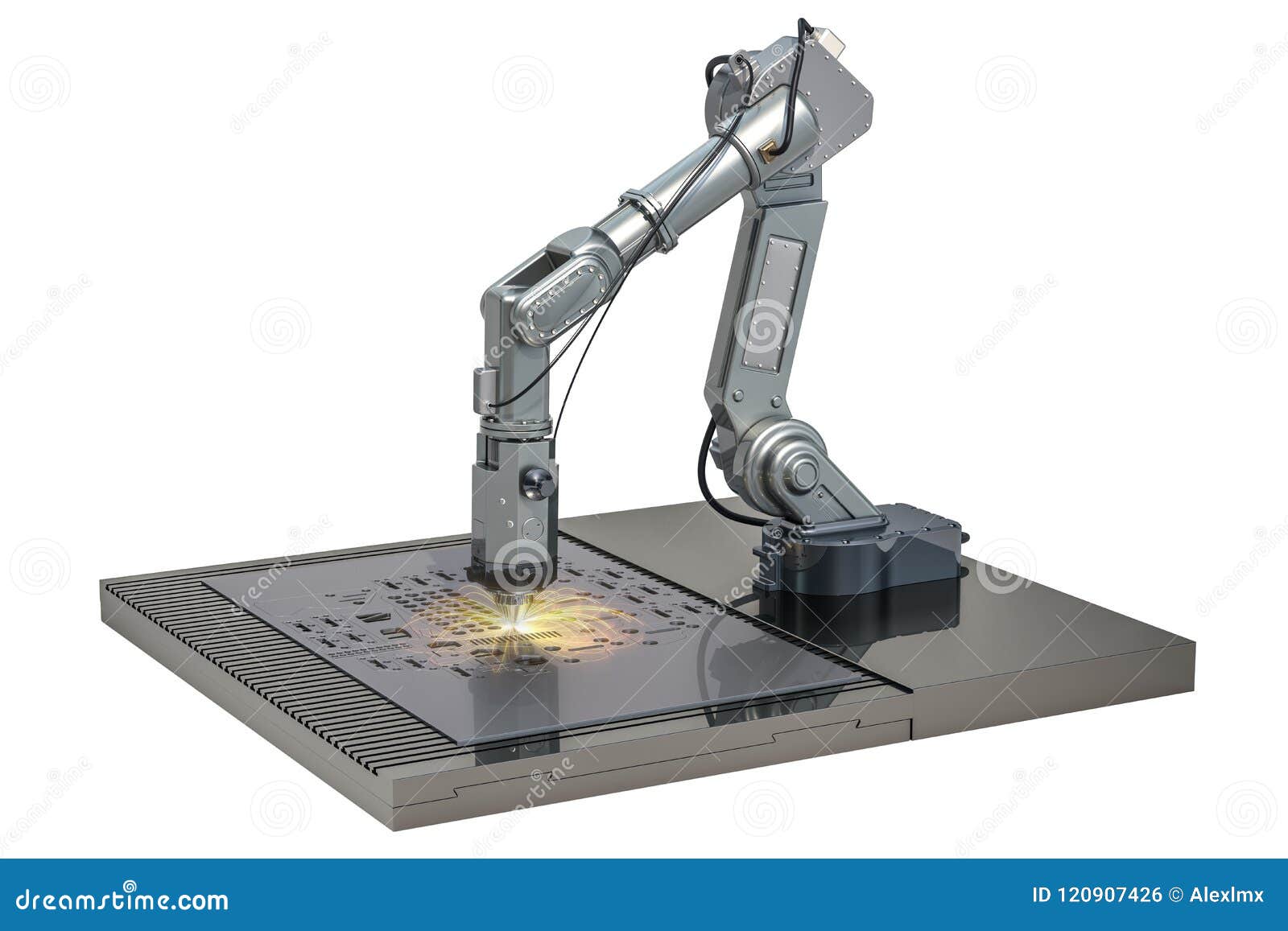 laser cutting of metal sheet by robotic arm, 3d rendering
