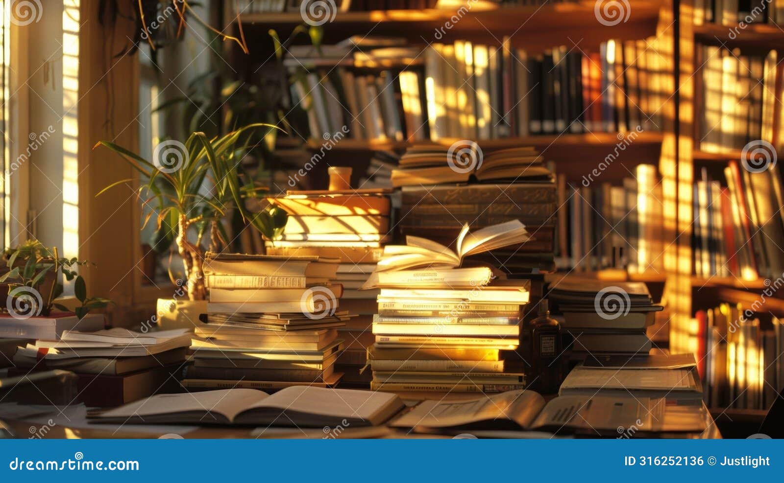late afternoon shadows dancing playfully on the haphazard stacks of books and tered stationery atop the desk of a