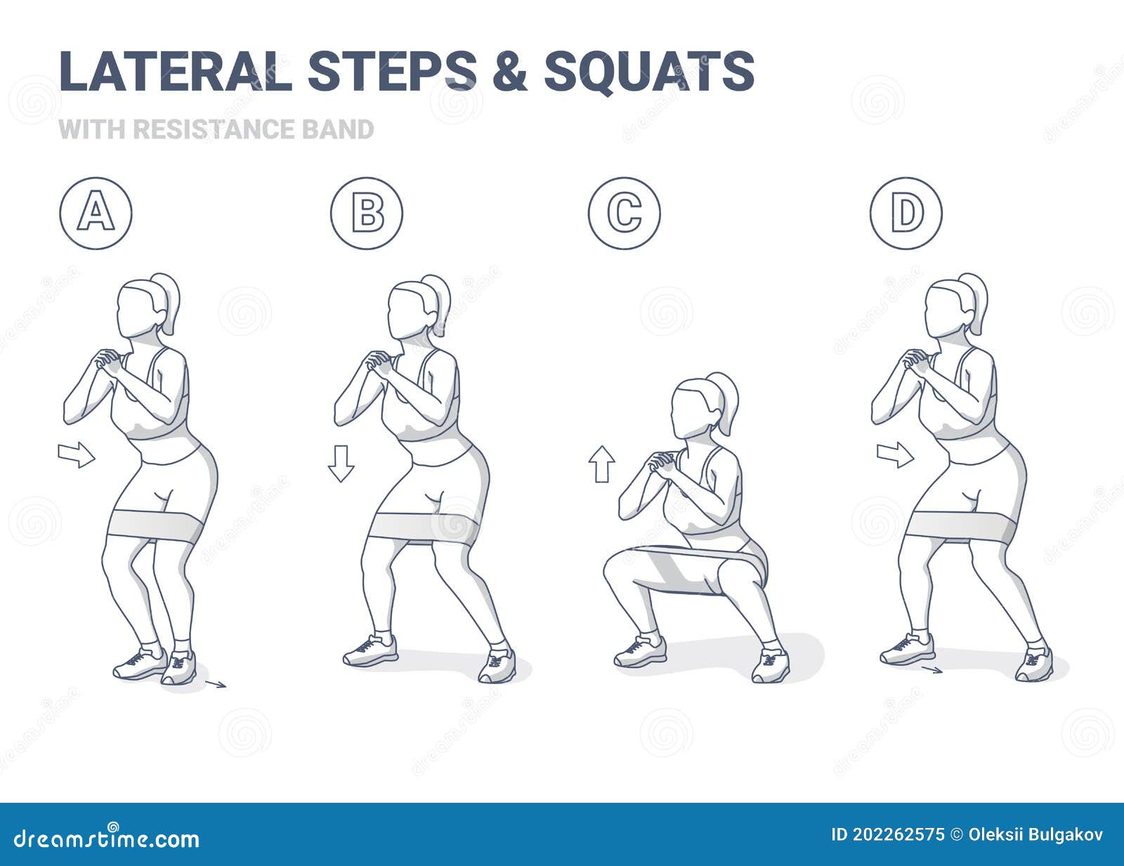 Lateral and Squats with Resistance Band Girl Exercise Gudance. Side Steps and Squating Home Workout Illustration Stock - of house, athletic: 202262575