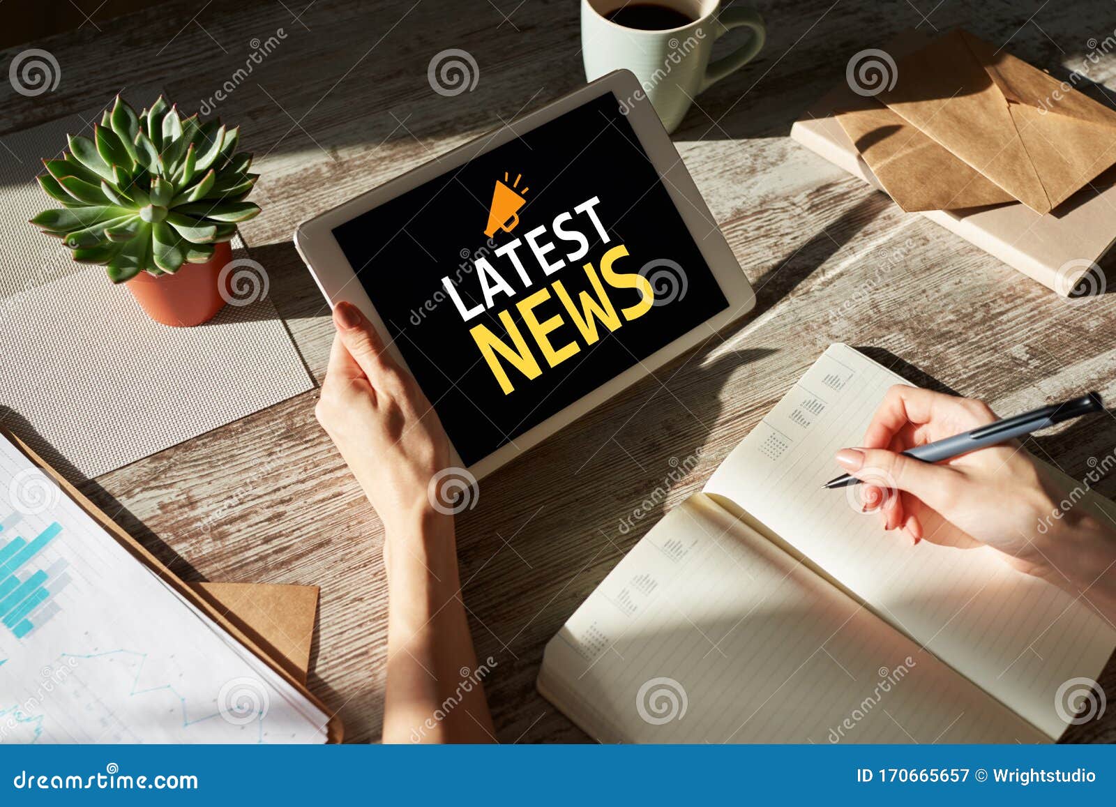 latest news text and icon on device screen. business internet and technology concept.