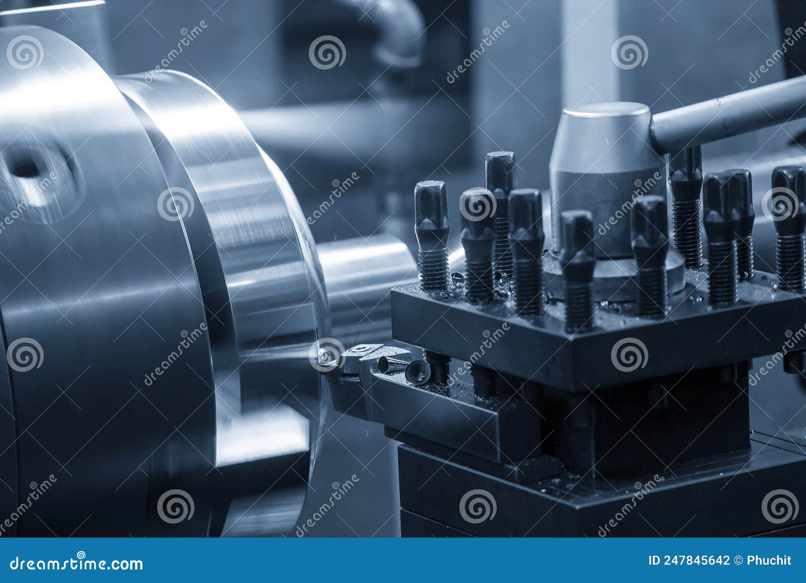 The Lathe Machine Finish Cutting the Brass Disk Parts by Lathe Tools