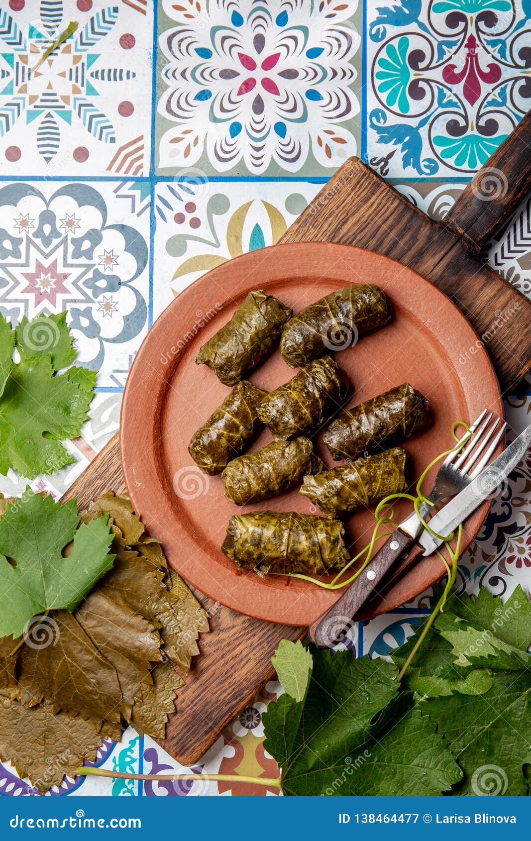 latin american mexican chilean cuisine. ninos envueltos. grape leaves stuffed wish meat on clay plate