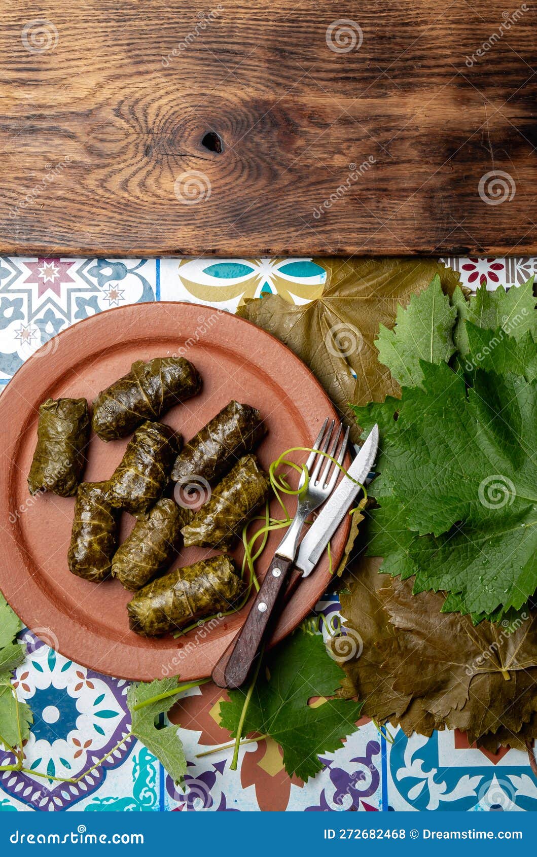 latin american mexican chilean cuisine. ninos envueltos. grape leaves stuffed wish meat on clay plate