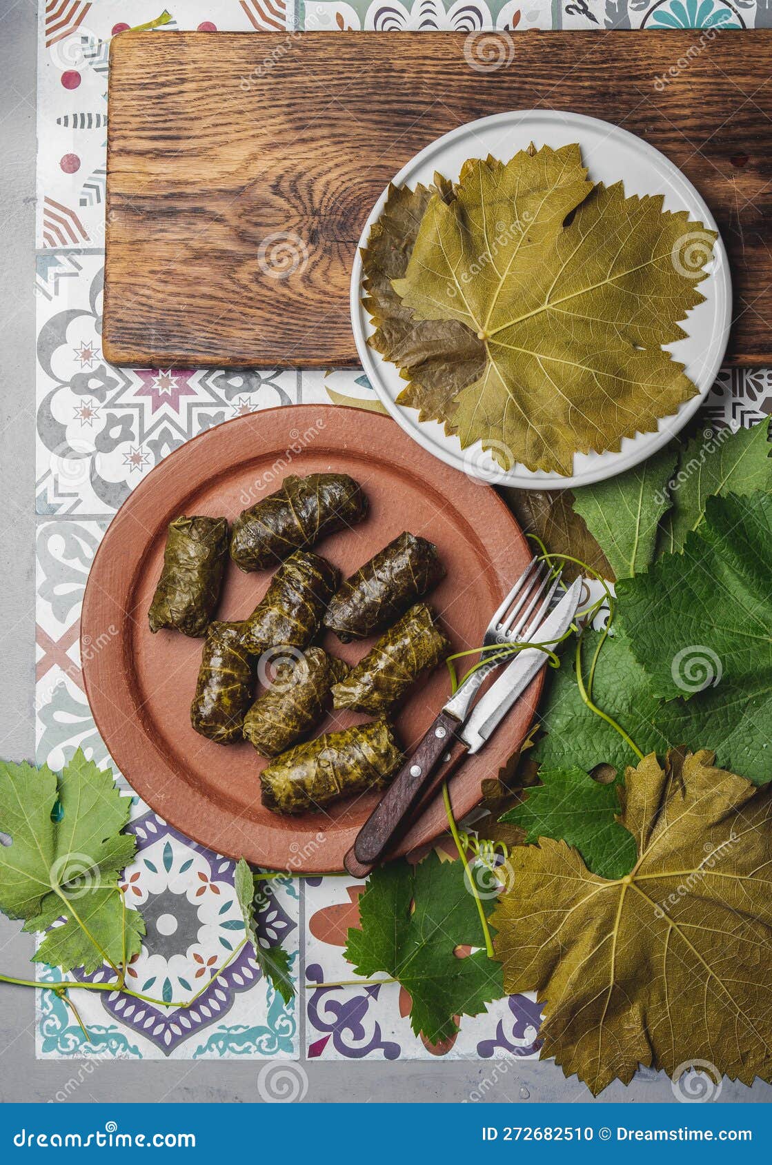 latin american mexican chilean cuisine. ninos envueltos. grape leaves stuffed wish meat on clay plate