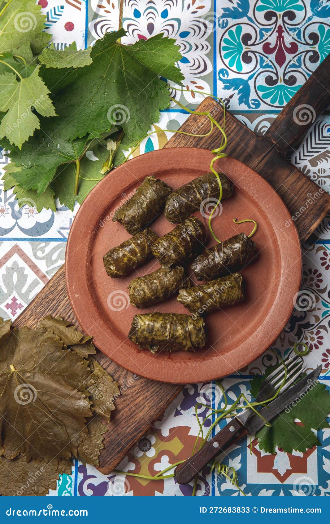 latin american mexican chilean cuisine. ninos envueltos. grape leaves stuffed wish meat on clay plate