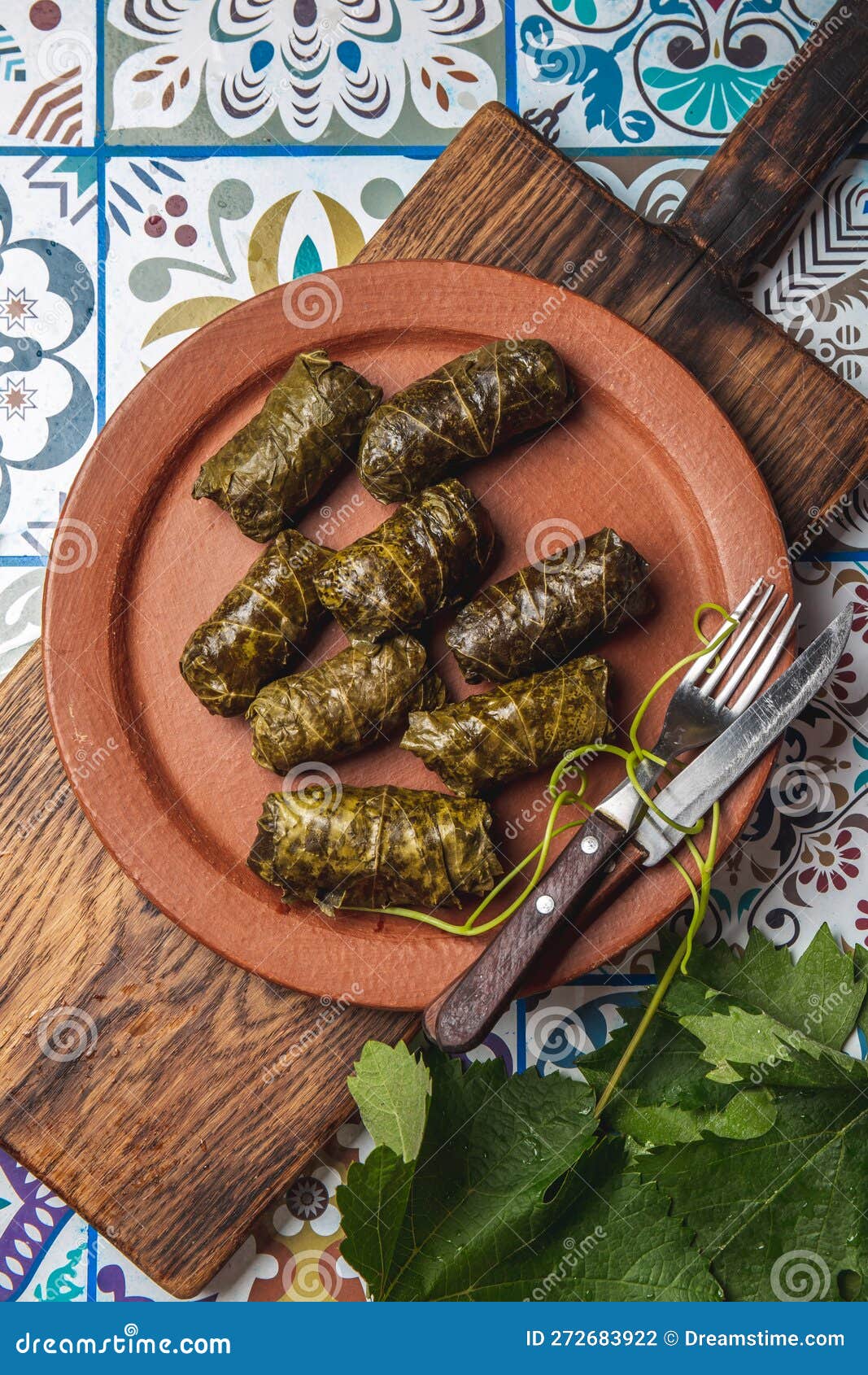 latin american mexican chilean cuisine. ninos envueltos. grape leaves stuffed wish meat on clay plate